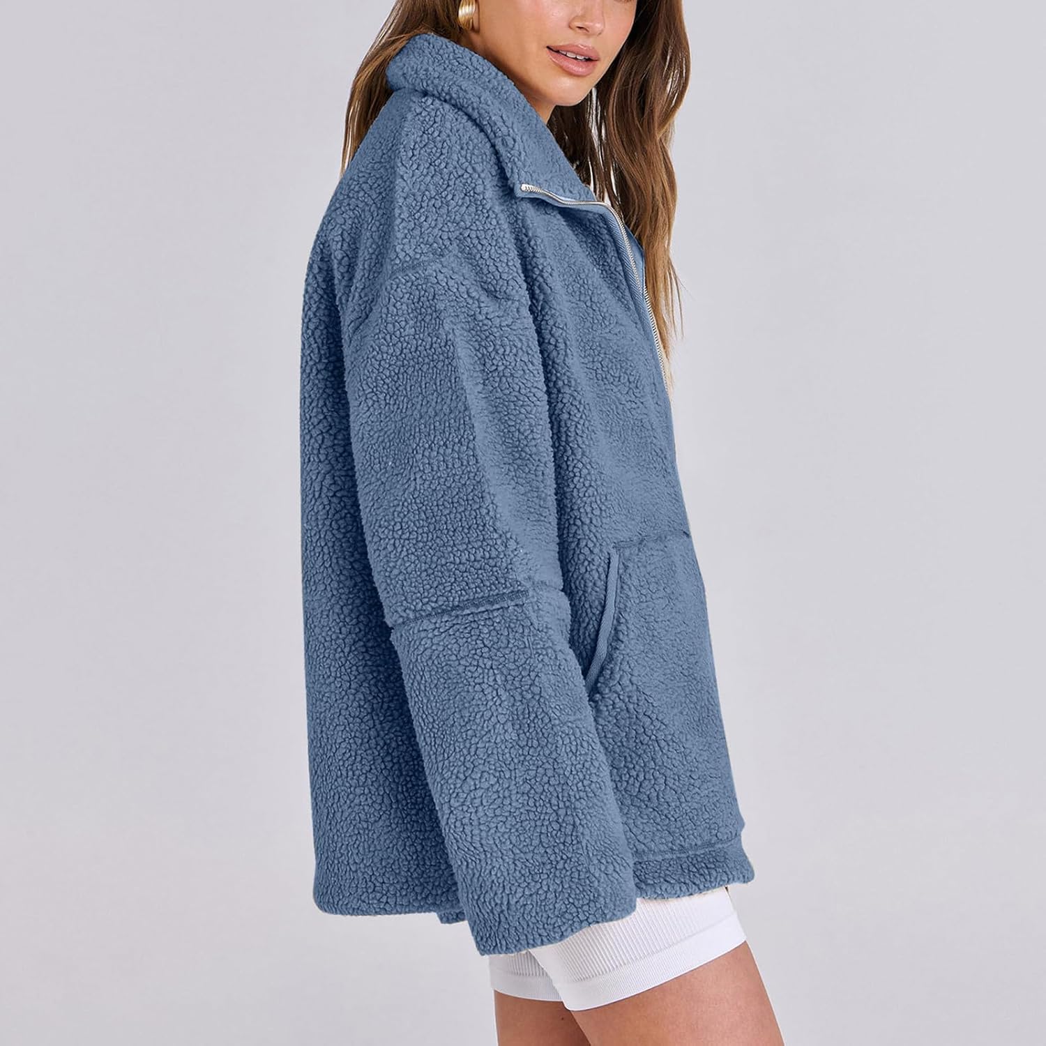 Women Fall Sherpa Jackets Oversized Double Ended Zip Fleece Warm Jacket Fuzzy Casual Sweater Coat Winter Outerwear
