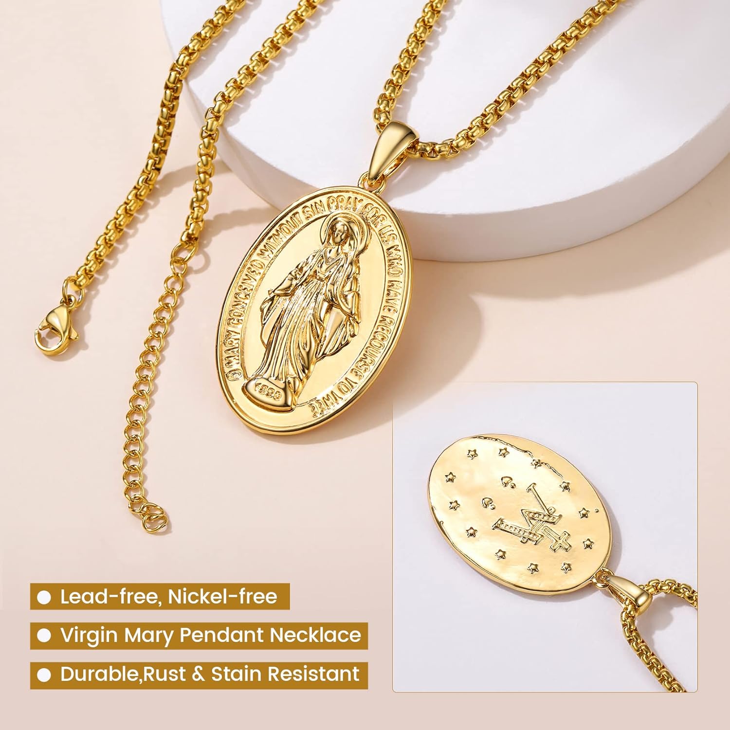 Miniatura 5 de GOLDCHIC JEWELRY Virgin Mary Miraculous Medal Necklace, Our Lady of Graces Guadalupe Pendant with Filigree Border