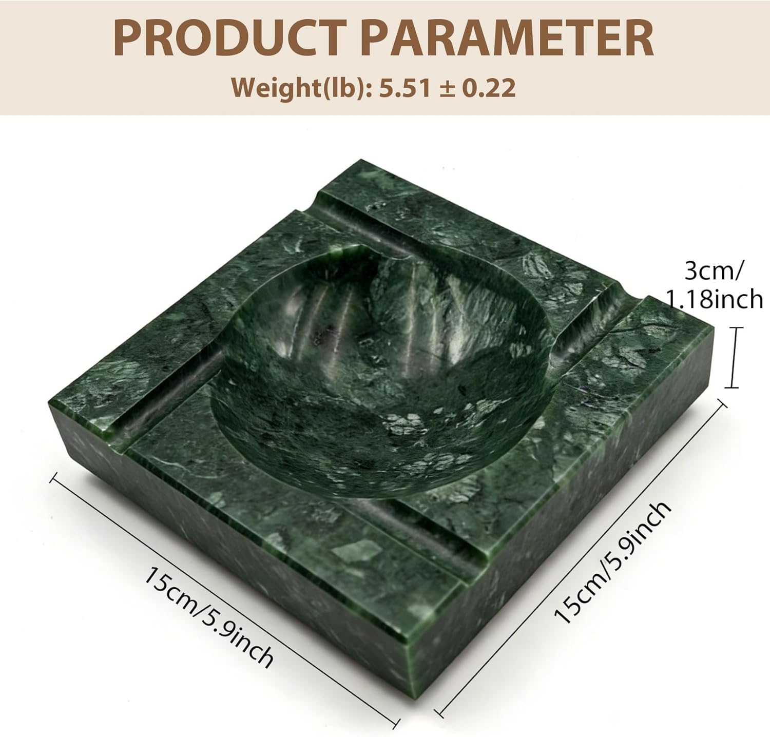 African Natural Marble Four Cigar Ashtray, 6" Large Square Ashtrays for Cigarettes Cigar, Decorative Ash Tray for Indoor Home Office Hotel Decor or Patio Balcony Outdoor Use (Jade Green)