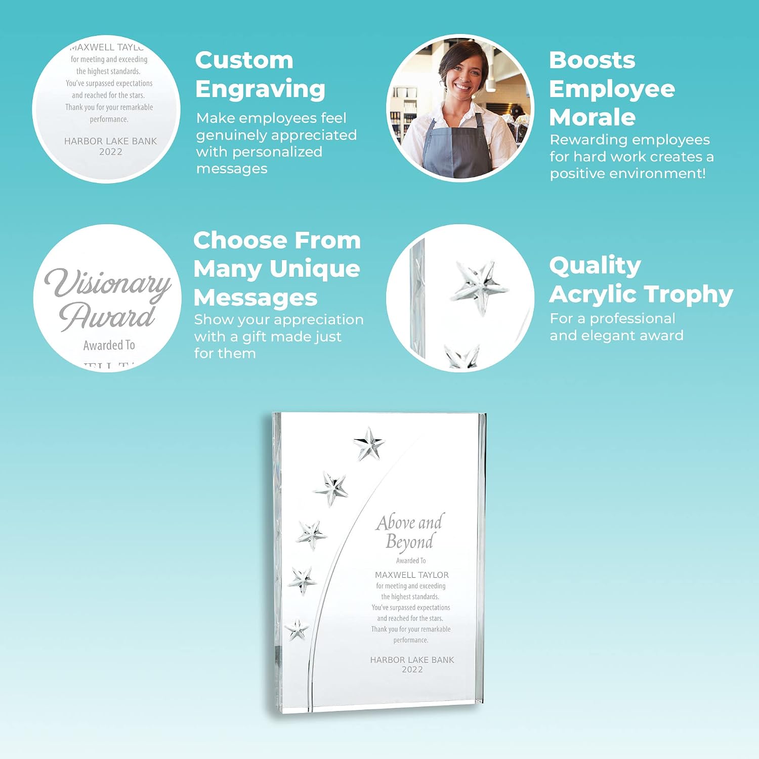 Baudville Engraved Trophy - Clear Acrylic - Star Accents - Award for Employees - Personalized Engraving