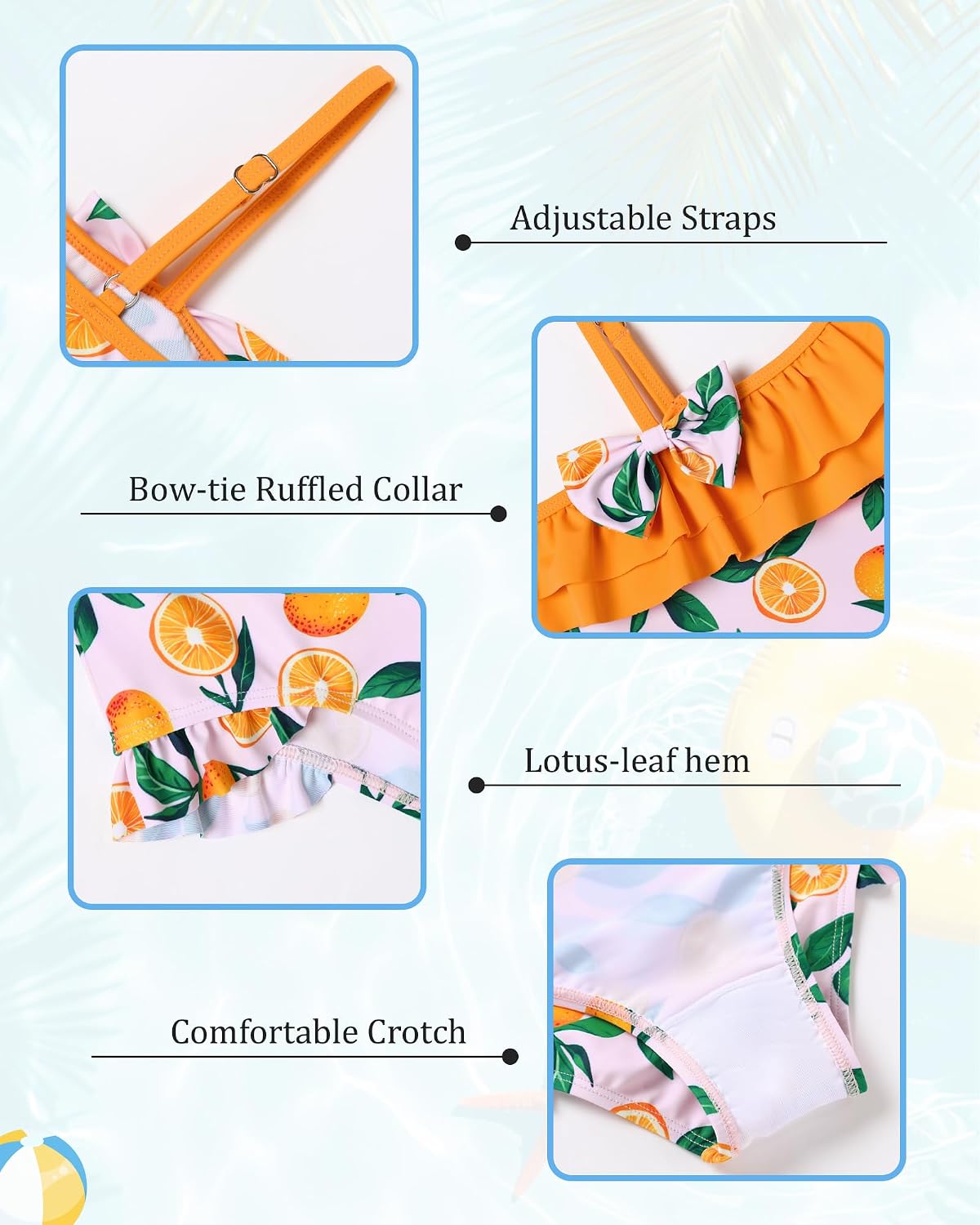 Girls Swimsuits Cute Bow Ruffle One Piece Bathing Suits with Adjustable Straps Swimwear Quick Dry Size 3-8 Years