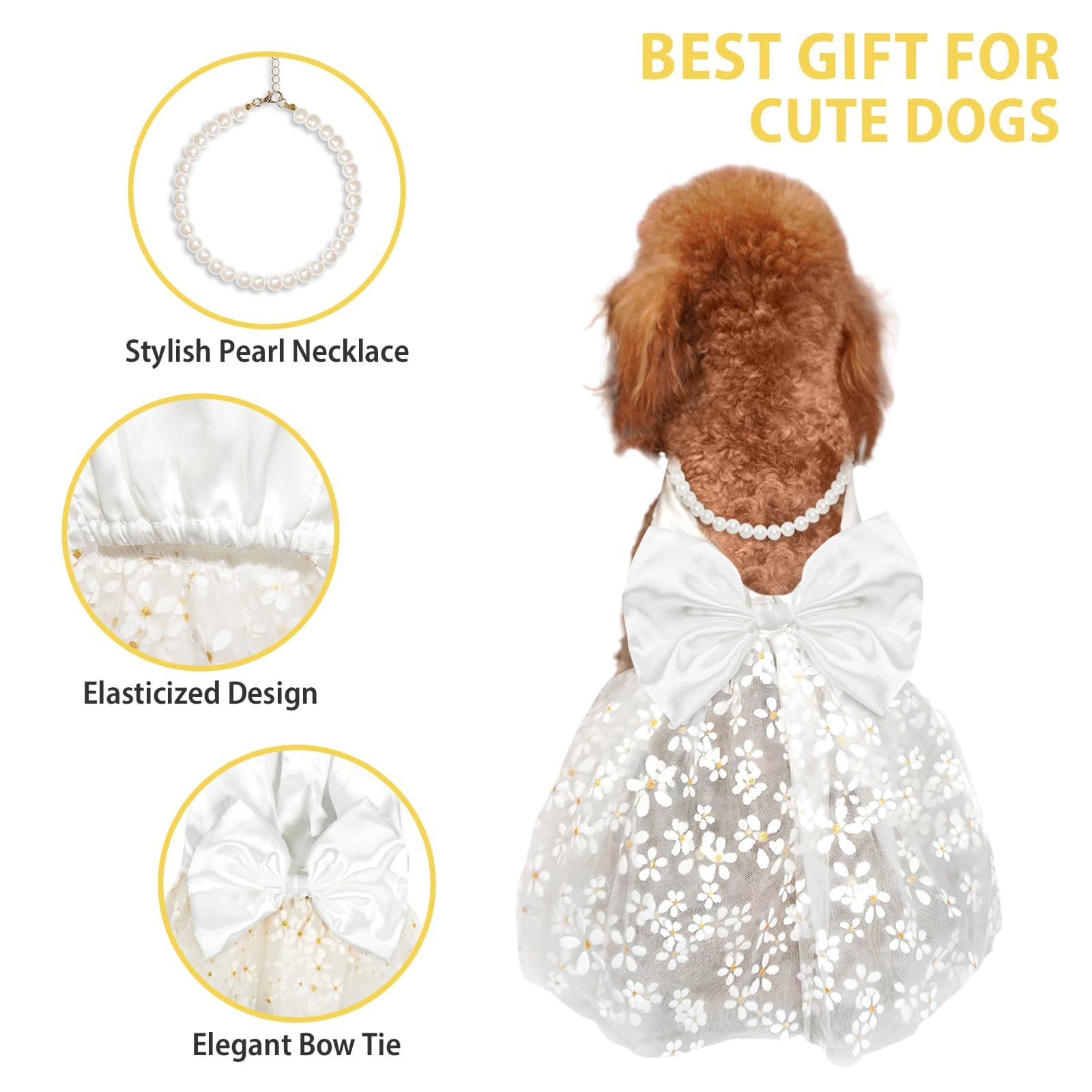 Topkins Dog Dresses, Breathable Pet Outfit with Pearl Necklace, Dog Evening Dress with Flowers, Puppy Slik Clothes, Dogs Party Skirt, White XL