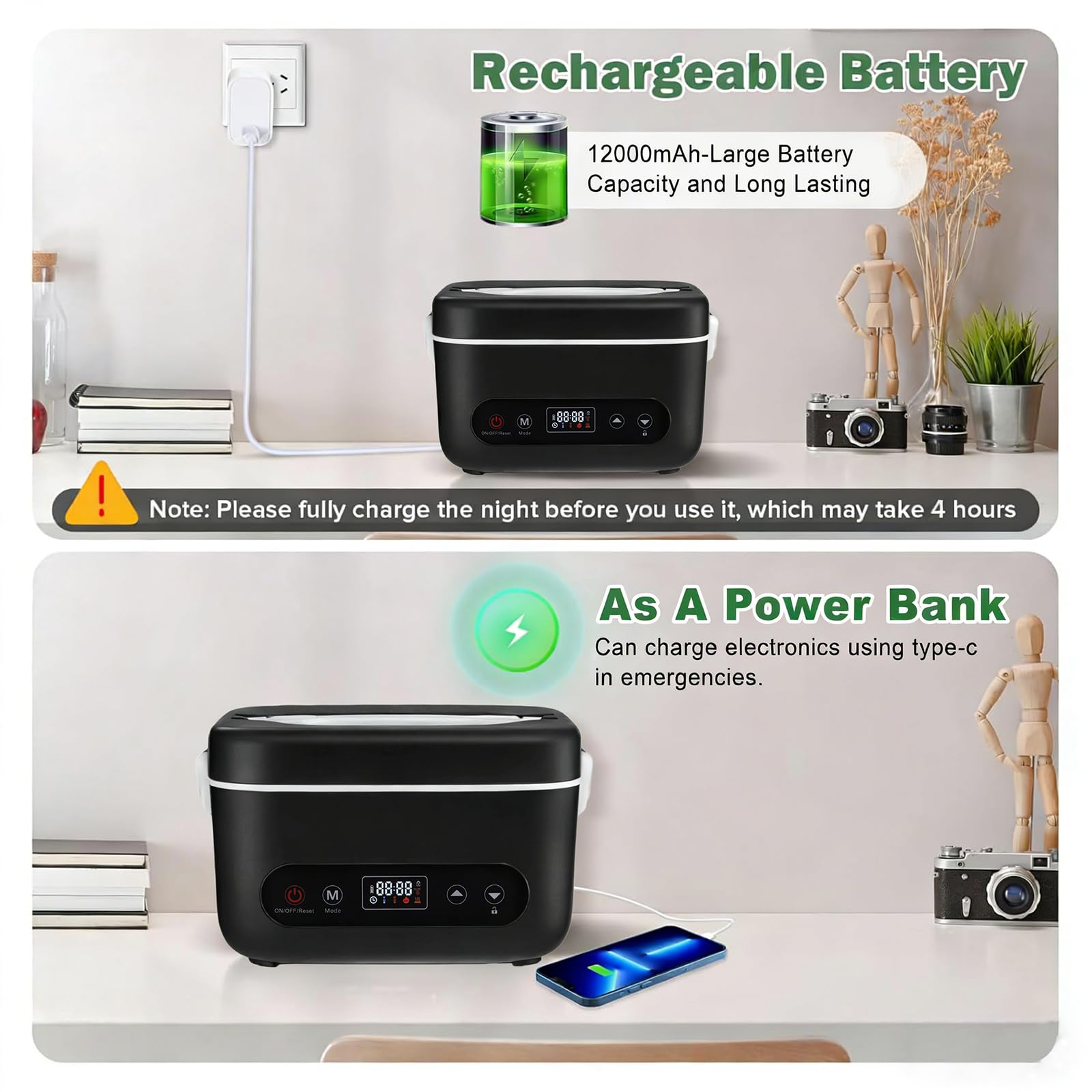 Fiambrera Eléctrica Inalámbrica, Fiambrera Calefactable a Batería para Adultos Calentador de Alimentos Portátil de Acero Inoxidable con Vajilla y Bolsa Aislante para Coche Trabajo Viajes(1,2L)