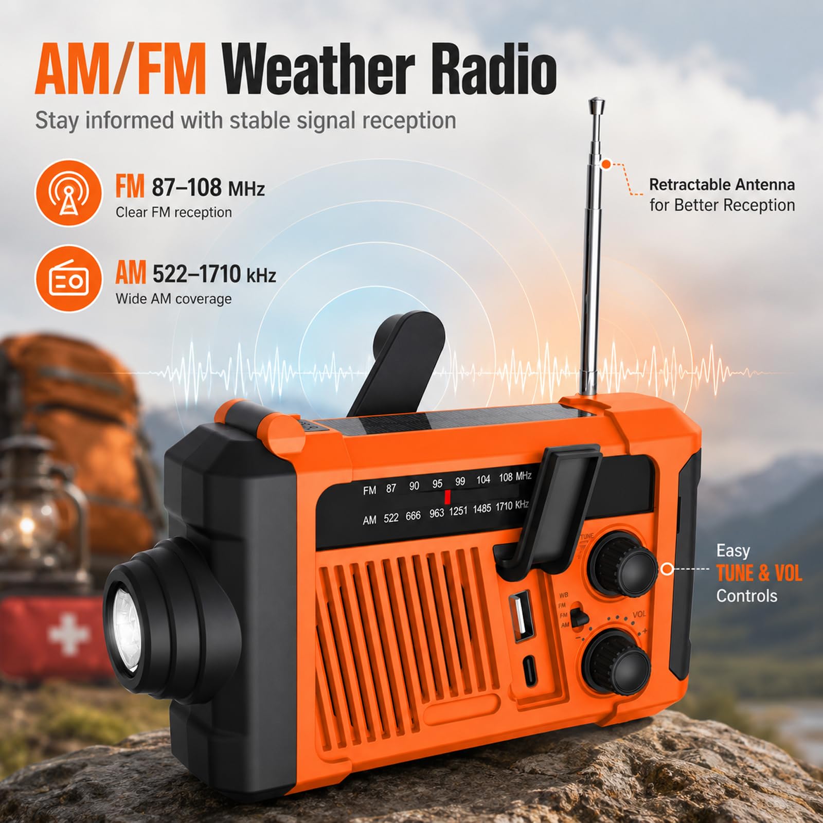 Radio d'urgence solaire à manivelle 2000 mAh AM/FM SOS Lampe LED Charge USB Camping
