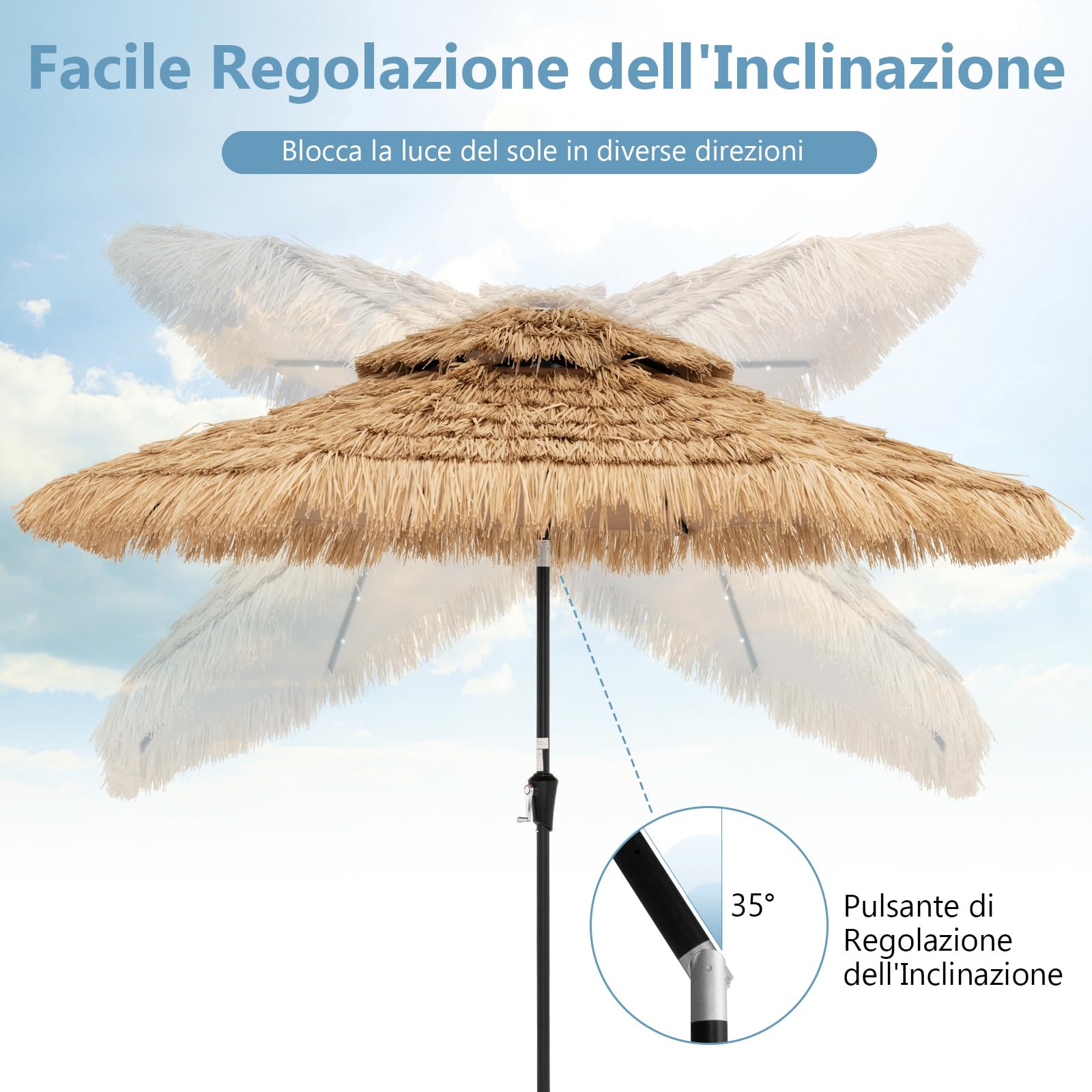 COSTWAY Ombrellone di Paglia in PP 270 cm, con 32 Luci LED, Manovella, Inclinazione Regolabile, Ombrellone Hawaiano da Spiaggia con 8 Stecche (270 cm/32 Luci)