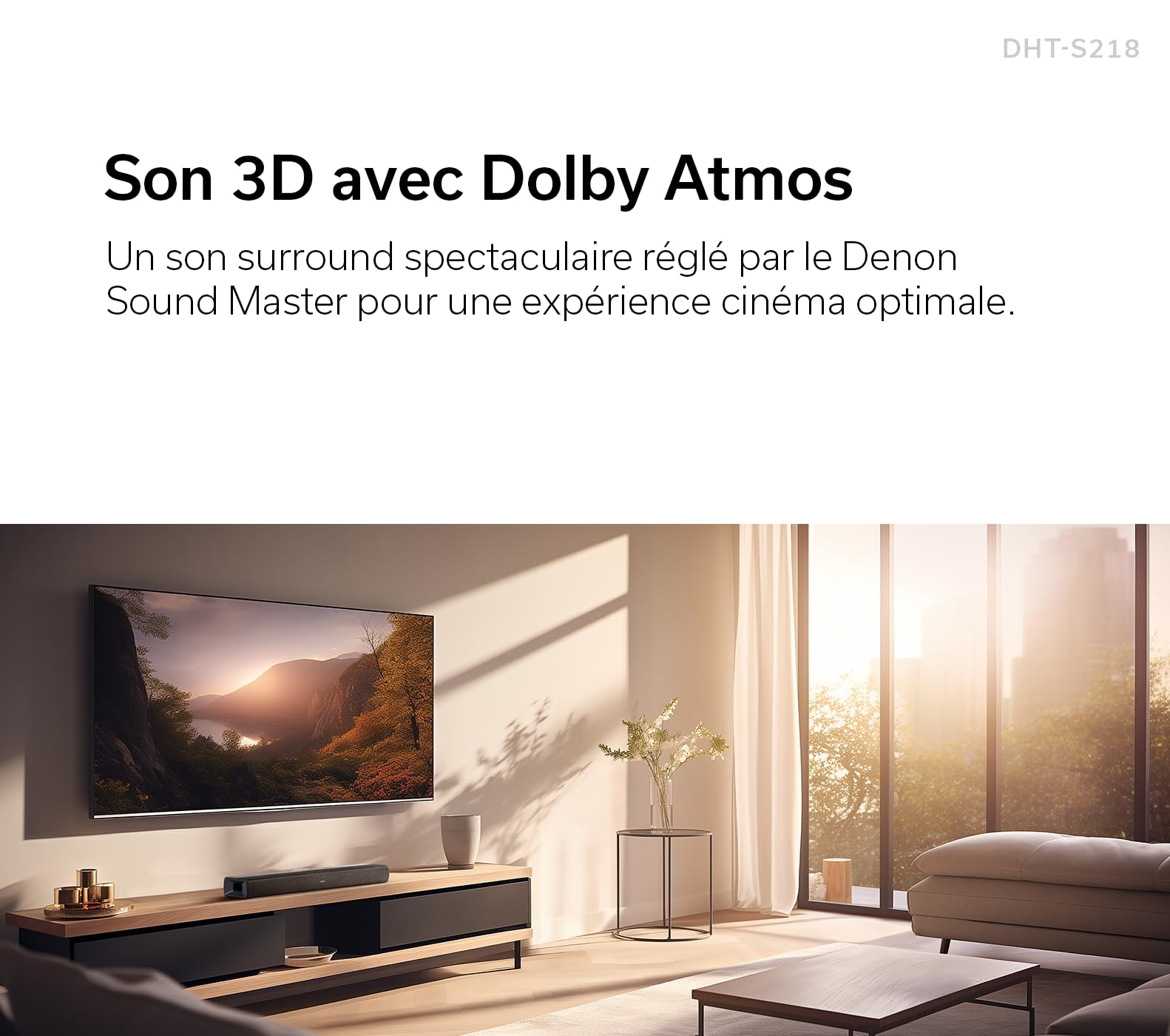 Denon DHT-S218, Barre de Son TV, Dolby Atmos, Pleine Bande Passante, Dialog Enhancer, HDMI 4K avec eARC - Noir