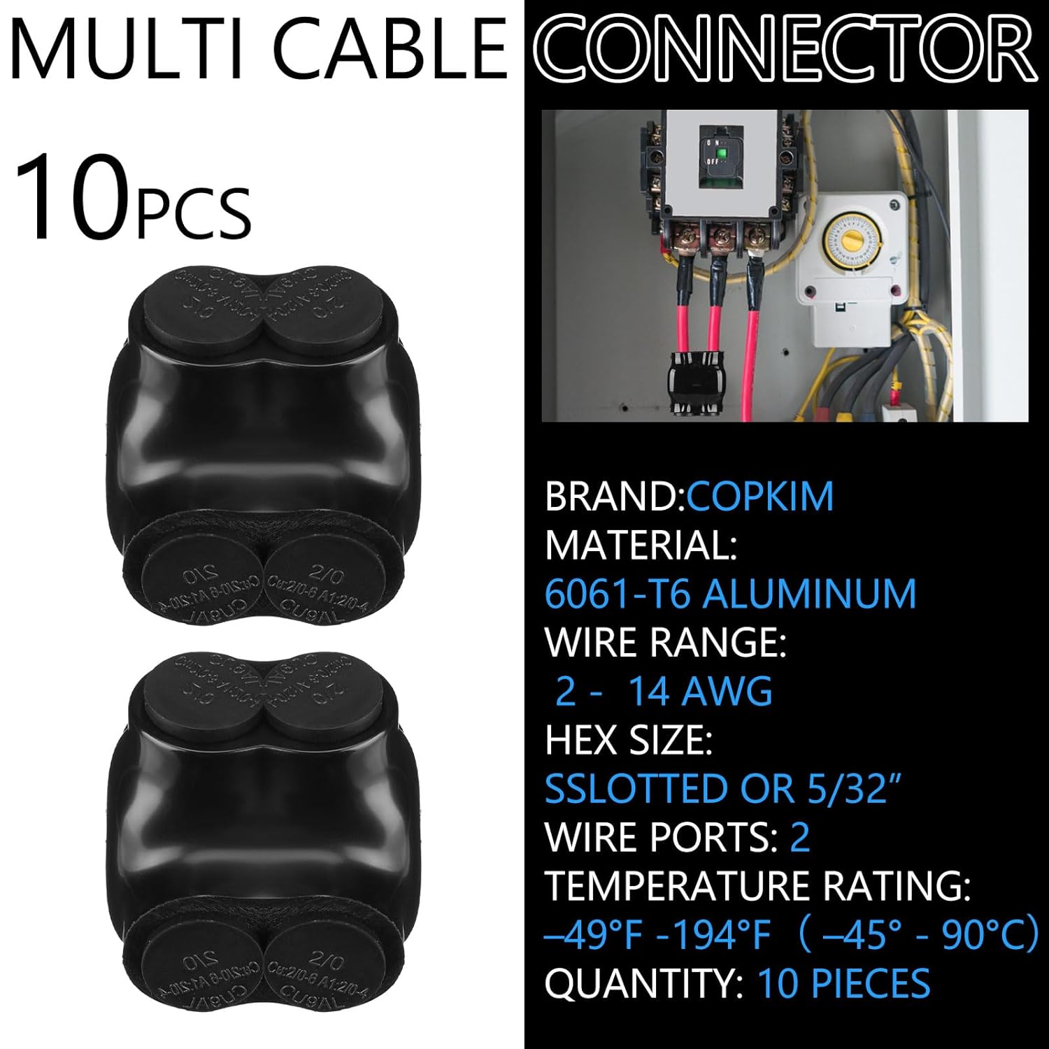 Copkim 10 Pcs 2 Port Insulated Wire Connectors Aluminum Inline Splice Tap Connector Pre-Filled Oxide Inhibitor Dual Entry for Electrical Wires Application (2-14 Wire Range,Slotted or 5/32" Allen Hex)