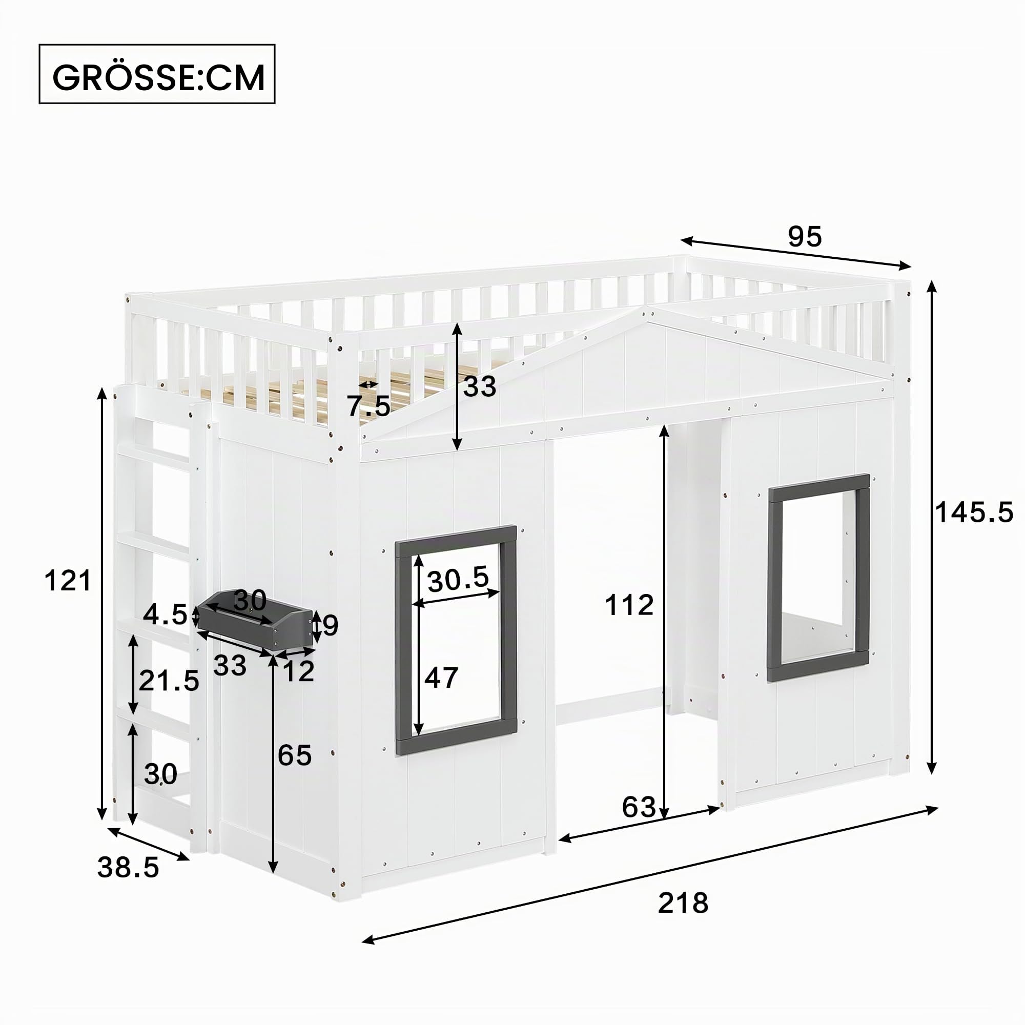 Kinderbett Etagenbett 90x200, Hochbett Hausbett mit 2 Fenstern&Aufbewahrungsbox&Leiter, Einzelbett Holzbett Kinderhochbett Bettgestell mit Lattenrost&Rausfallschutz, Kiefer+MDF, Ohne Matratze, Weiß