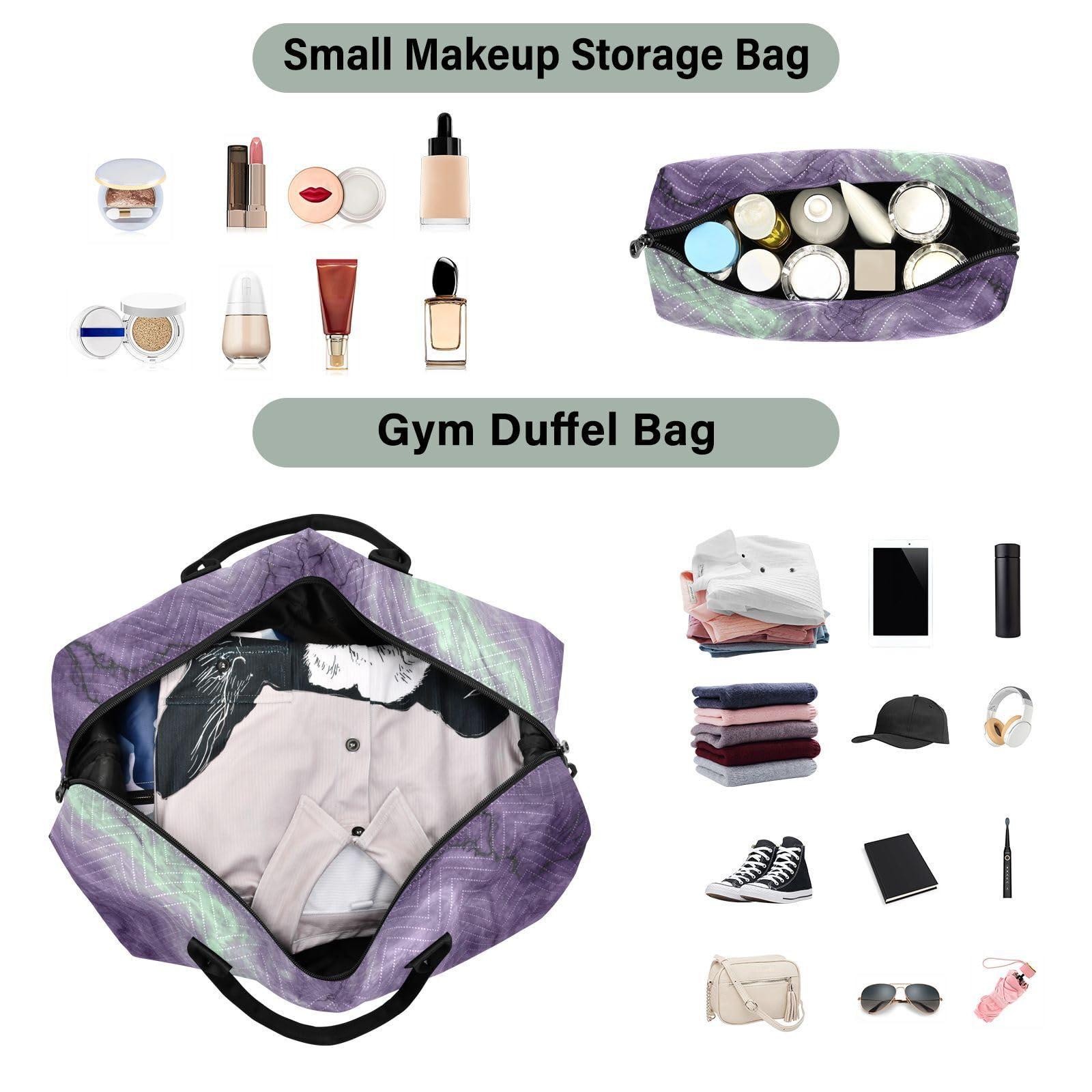 Reisetaschen-Set, 2-teilig, gewellt, gesteppt, Trolleyhülle, geräumig, Urlaub, Reisen, Pflaumenfarbener Marmor, One Size, Klassisch
