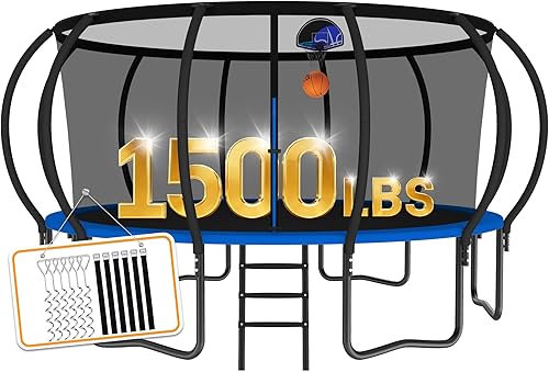 Miniatura 12 de Trámpolines de 1500 libras 8 10 12 14 15 16 pies para niños y adultos con red de protección, estacas para viento, aro de baloncesto, trámpolines
