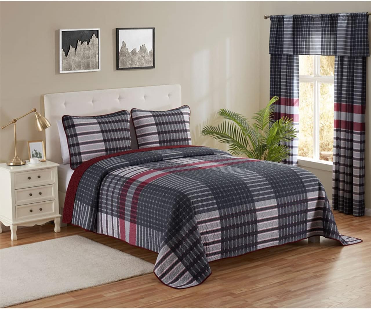 Legacy Decor 3 PCS Quilt Reversible Bedspread Coverlet Red & Black Patchwork Design Ultra Soft Microfiber Oversized King/Cal-King 118" W x 106" L