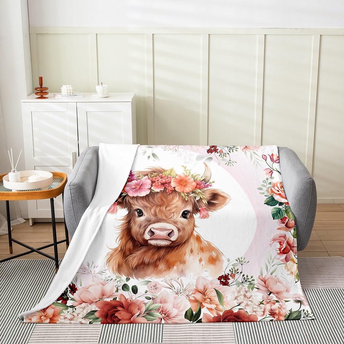 Feelyou Cute Highland Cow Flannel Fleece Throw Blanket 40"x50" Kids Cartoon Animal Plush Blanket for Boys Girls Teens Flower Floral Print Fuzzy Blanket Farm Zoo Garden Theme All Season Bed Blanket