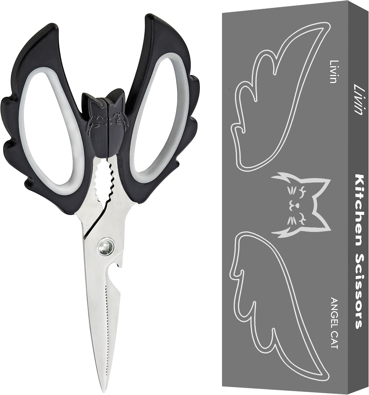Livin Aesthetic Angel Wings & Cat Kitchen Scissors - Ambidextrous Large Grip Handle Shears for Right & Left Handed - Ergonomic Comfortable Food Scissors for Kitchen, Office & Crafting