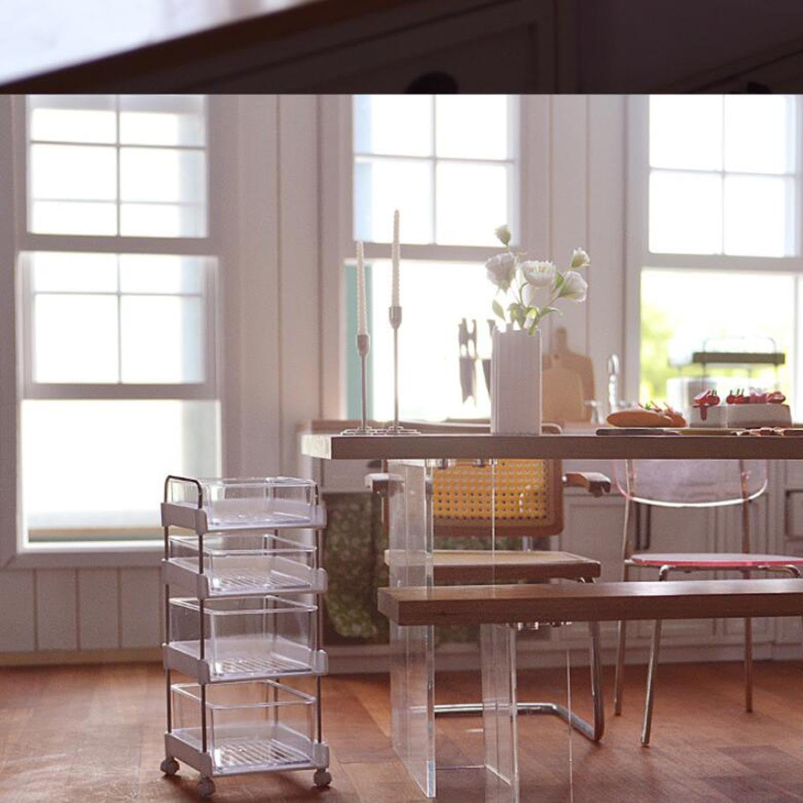 1/6 Casa delle Bambole Organizzatore di Contenitori Scaffale Elettrodomestici da Cucina Artigianato Miniatura Carrello Portaoggetti con Ruote per, Bianco