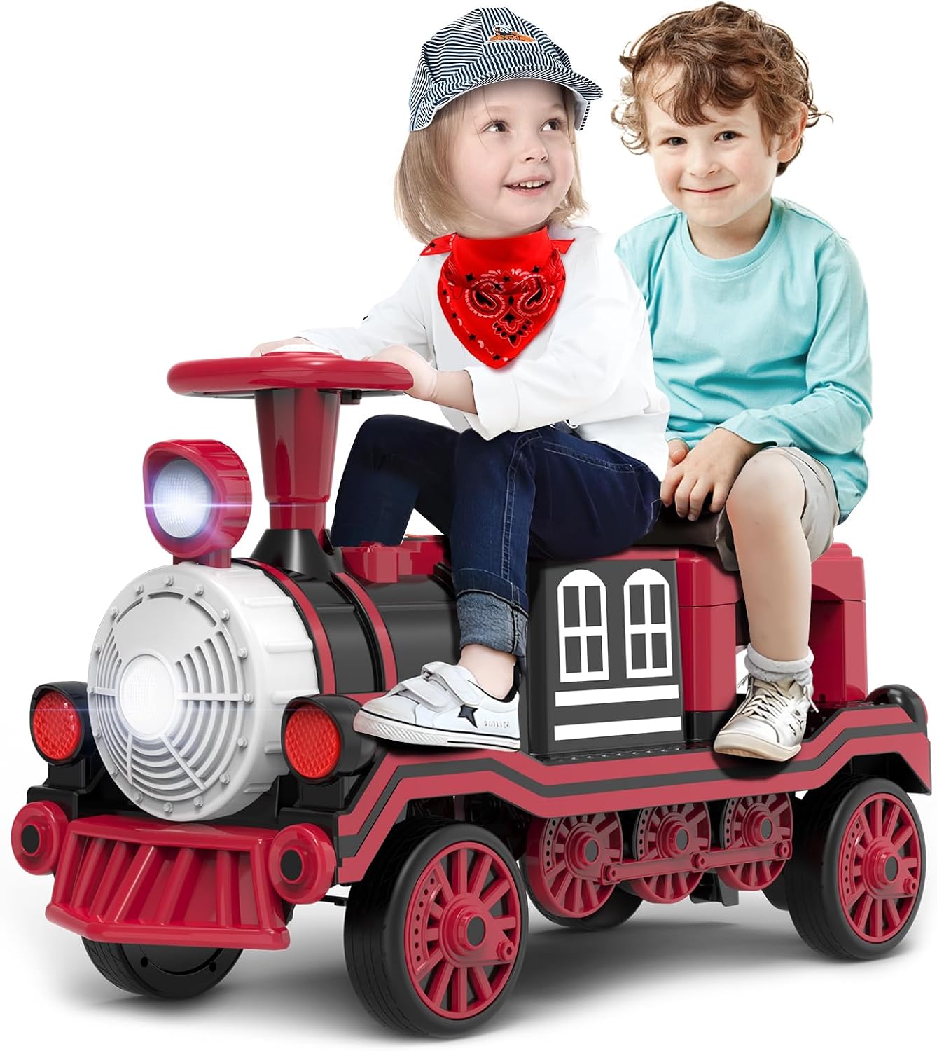 MINIATURE MOTORS 2-Seater Ride On Train, 12V Kids Electric Car with Choo-Choo Train Whistles, Bluetooth USB Music, 2 Speeds, Headlights, Anti-Rollover Device for Pretend Play Gift Kids Aged 3+ (Blue)