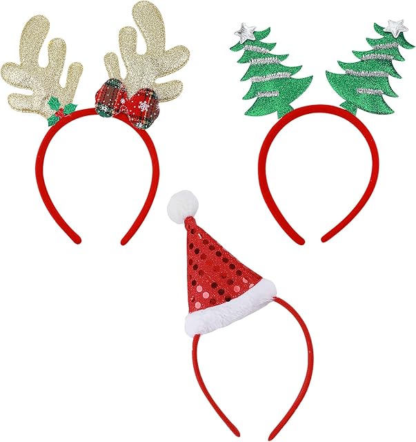 Molain 3 PCS Christmas Headbands Reindeer Antler Xmas Hat Tree Santa Snowman Costume Hairband Holiday Party Favor Seasons Themes Headwear Hair Hoop Head Headpiece Photos Hairstyling Accessories
