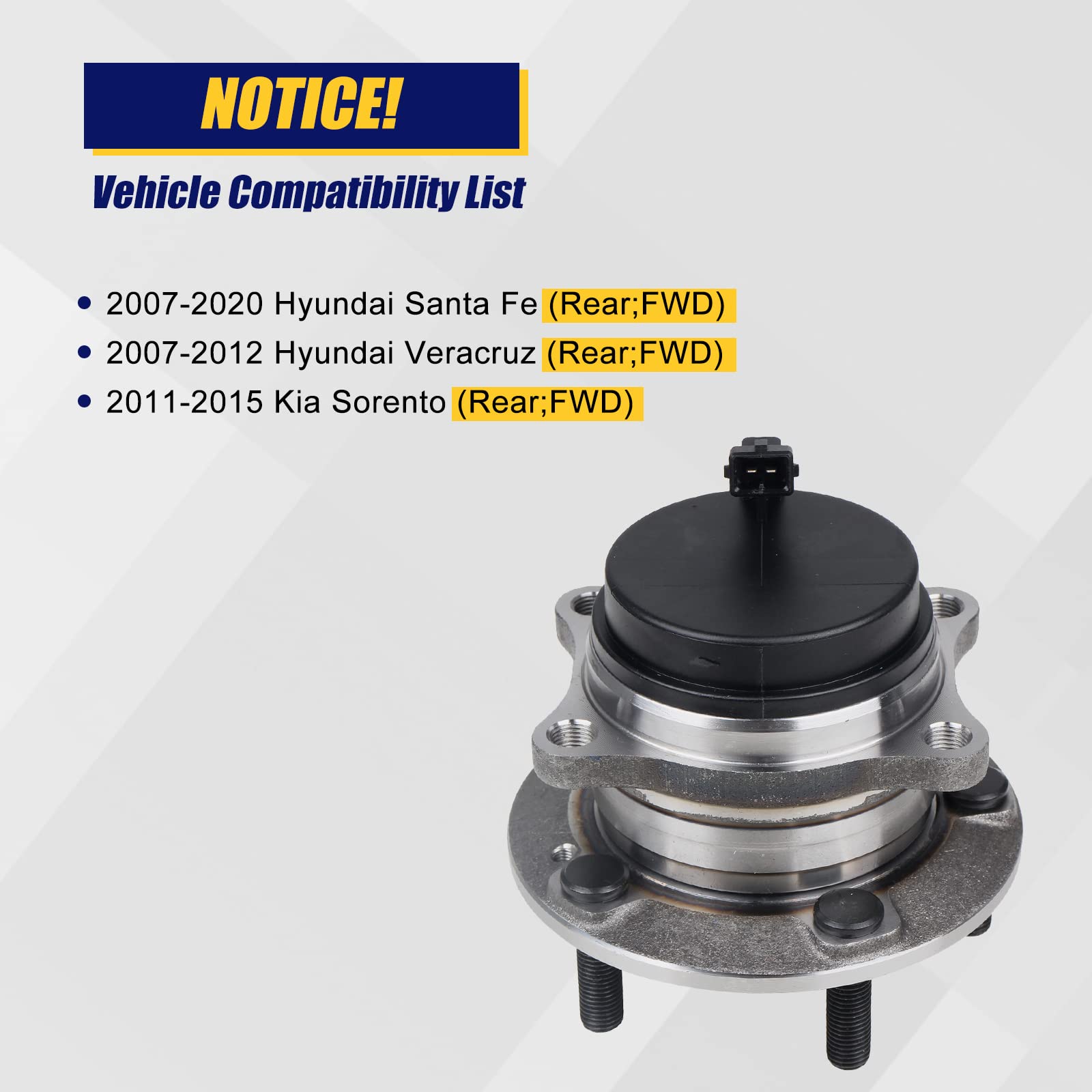 KUSATEC 512326 Rear Wheel Bearing and Hub Assembly Compatible with Hyundai Veracruz 2007-2012, Kia Sorento 2011-2015,Hyundai Santa Fe 2007-2020, 5 Lug w/ABS