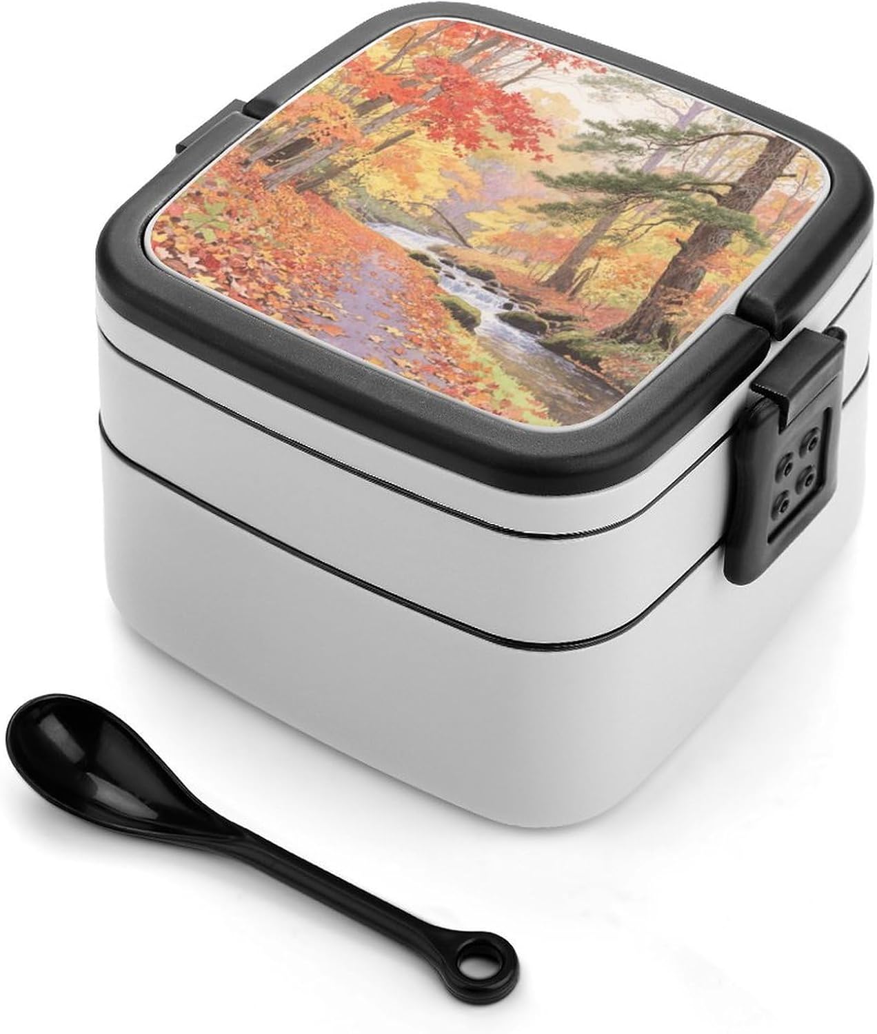 Autumn Maple Forest Bento Box Double Layer Lunch Box for Adults with Spoon And Handle Bento Boxes Leakproof One-piece Stackable Lunchbox for Work Picnics And Travel