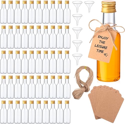Juego de 100 mini botellas de licor, botellas de alcohol de plástico vacías de 1.7 onzas, botella de alcohol hermética con tapas, 6 embudos, 100