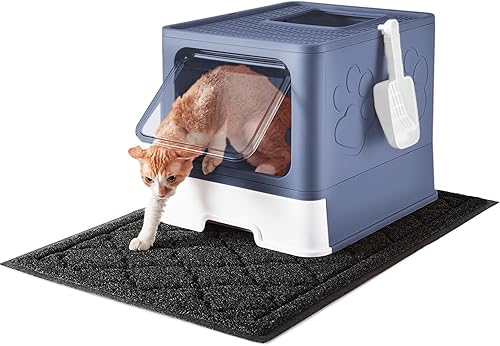 Medario Caja de arena para gatos con alfombrilla de arena para gatos extragrande y cuchara, caja de arena plegable grande con tapa, entrada frontal