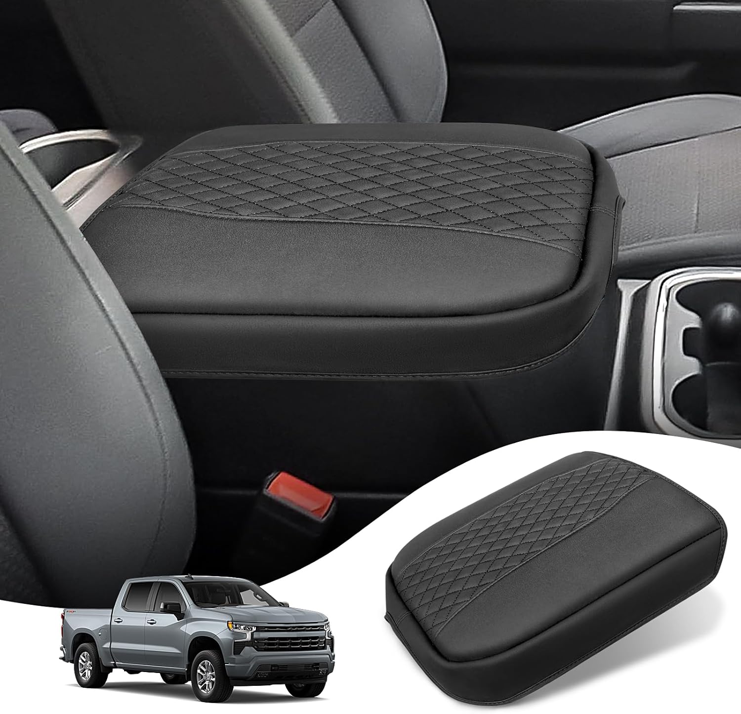 Car Center Console Cover for Chevy Silverado GMC Sierra 2019-2026, Tahoe & Suburban & Yukon 2021-2026 Bucket Seat, PU Armrest Cover Center Console Pad Interior Accessories, Anti-Scratch, Black
