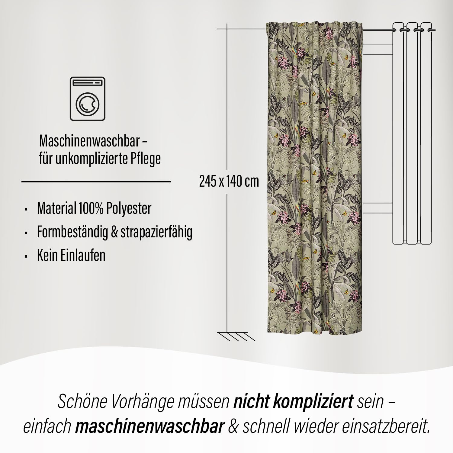 Homing Vorhang florales Dschungelmuster grün (1 Stück) | Blickdicht Blüten Kolibri modern | Wohnzimmer Schlafzimmer Kinderzimmer | 140 x 245 cm