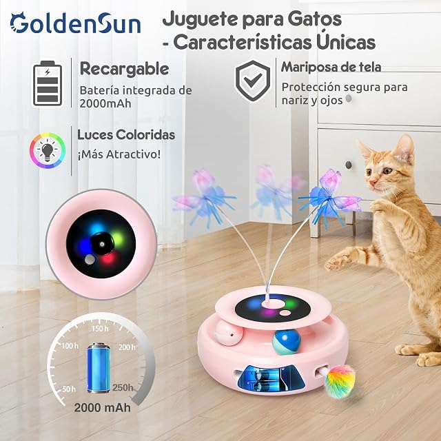Foto 6 de 6 de GoldenSun Juguetes Automáticos para Gatos 3 en 1 Interactivo con Pluma Móvil, Mariposa, Bolas y USB Recargable