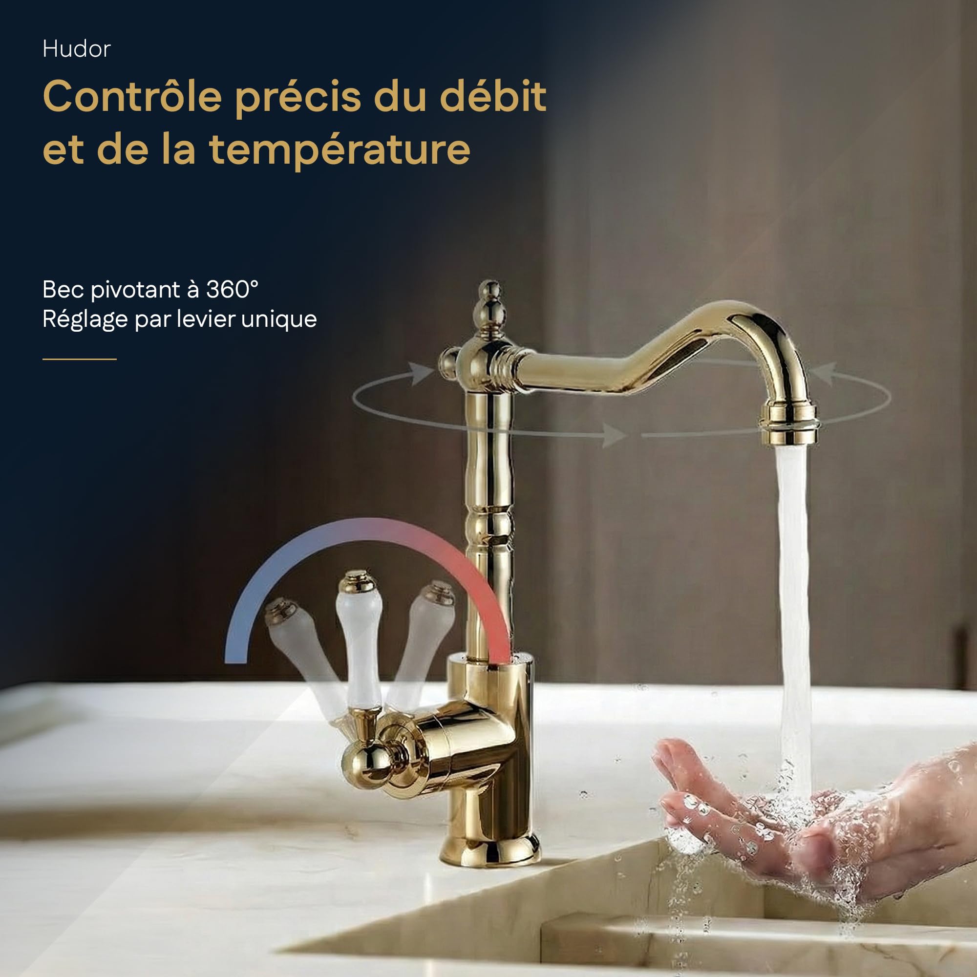 Robinet de Cuisine K025DB - Mitigeur Cuisine Laiton - Collection Scamandre - Facile à installer - Robinet Evier de Cuisine Pratique et Solide - Doré brossé