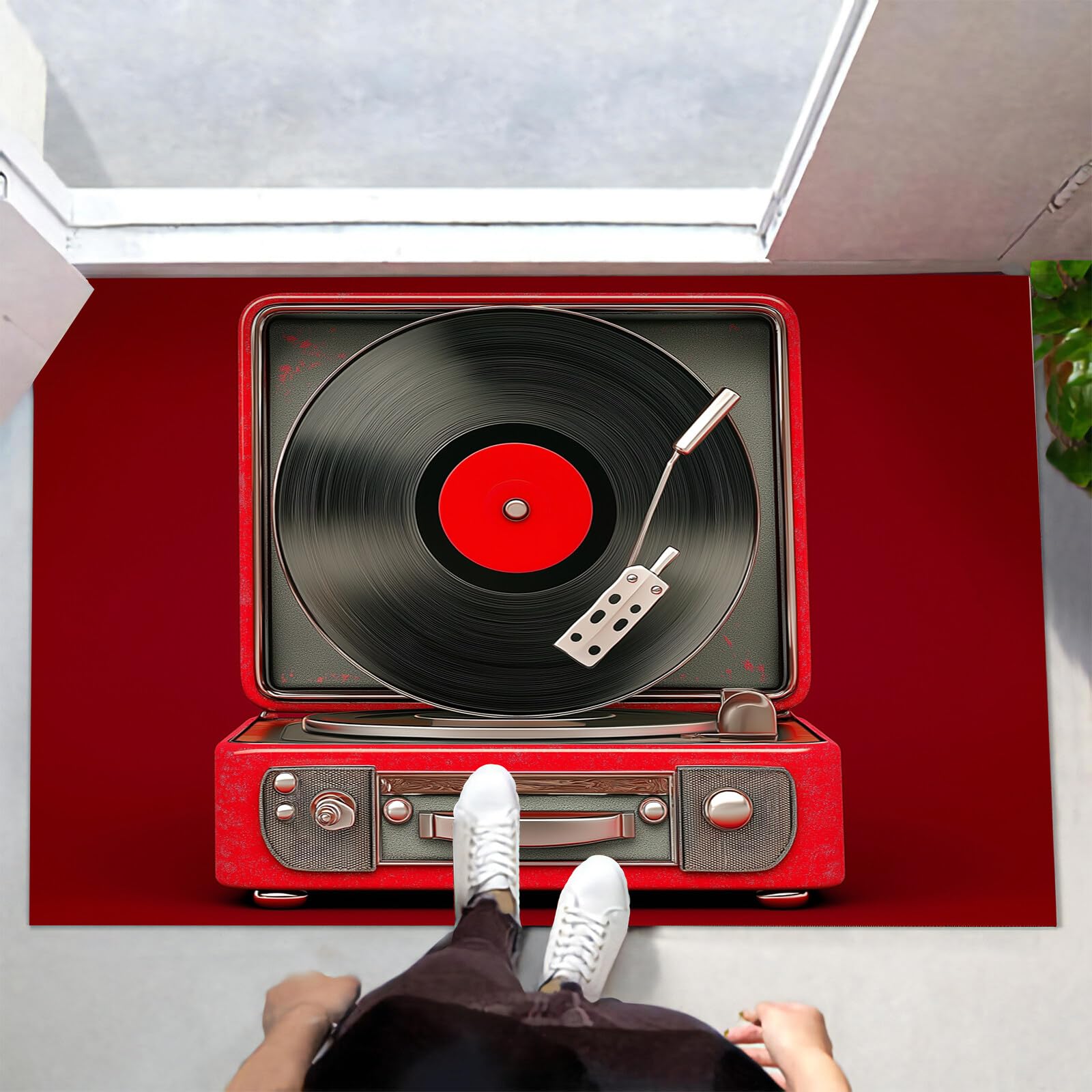 Tappetino Antiscivolo Rosso Nero Giradischi In Vinile 3D,Benvenuto Interni Ed Esterni Tappeto Metallo Retrò,Zerbino Per Porta D'Ingresso Camera Da Letto Soggiorno,90X150Cm