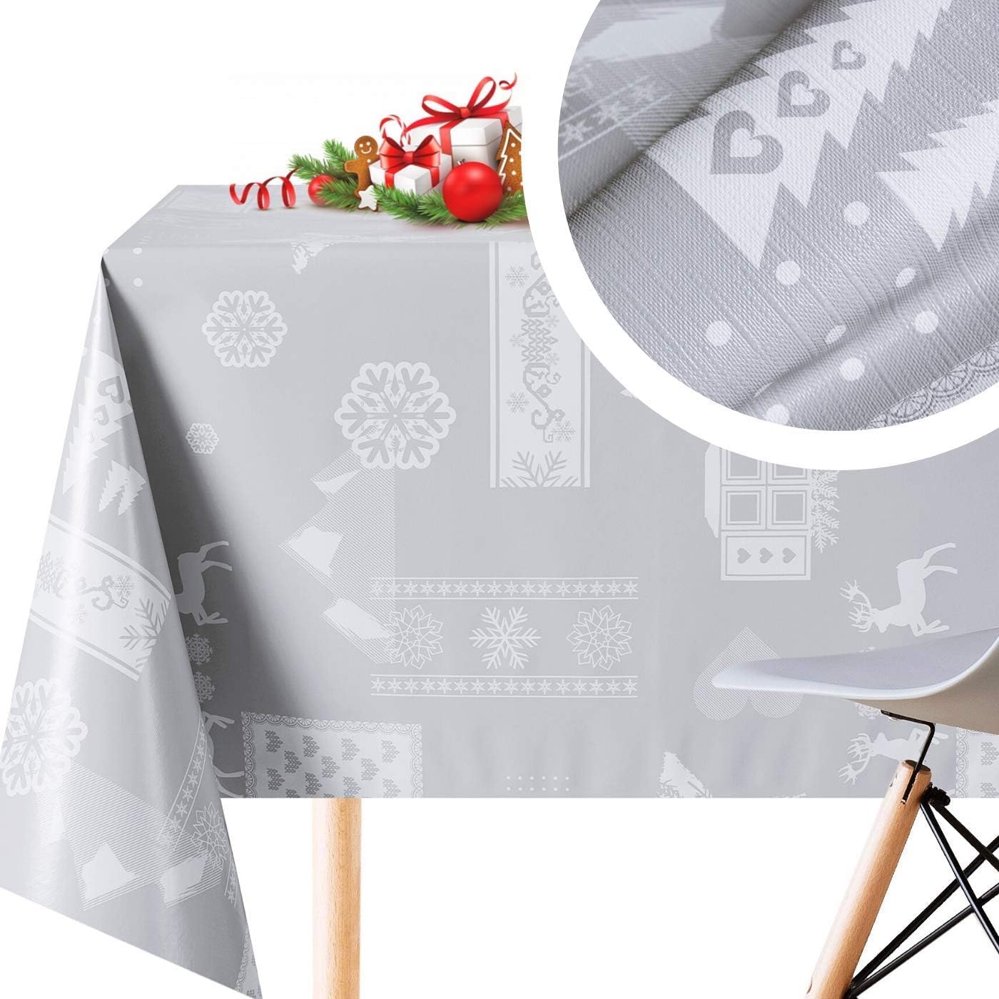 KP HOME Mantel Hule Mesa Rectangular 300x140 Gris Mantel PVC Navidad Festivo con Renos Plastificado Fácil Limpieza Impermeable Mantel Plástico Hules para Mesas Cocina Mantel Impermeable 3m Navideño