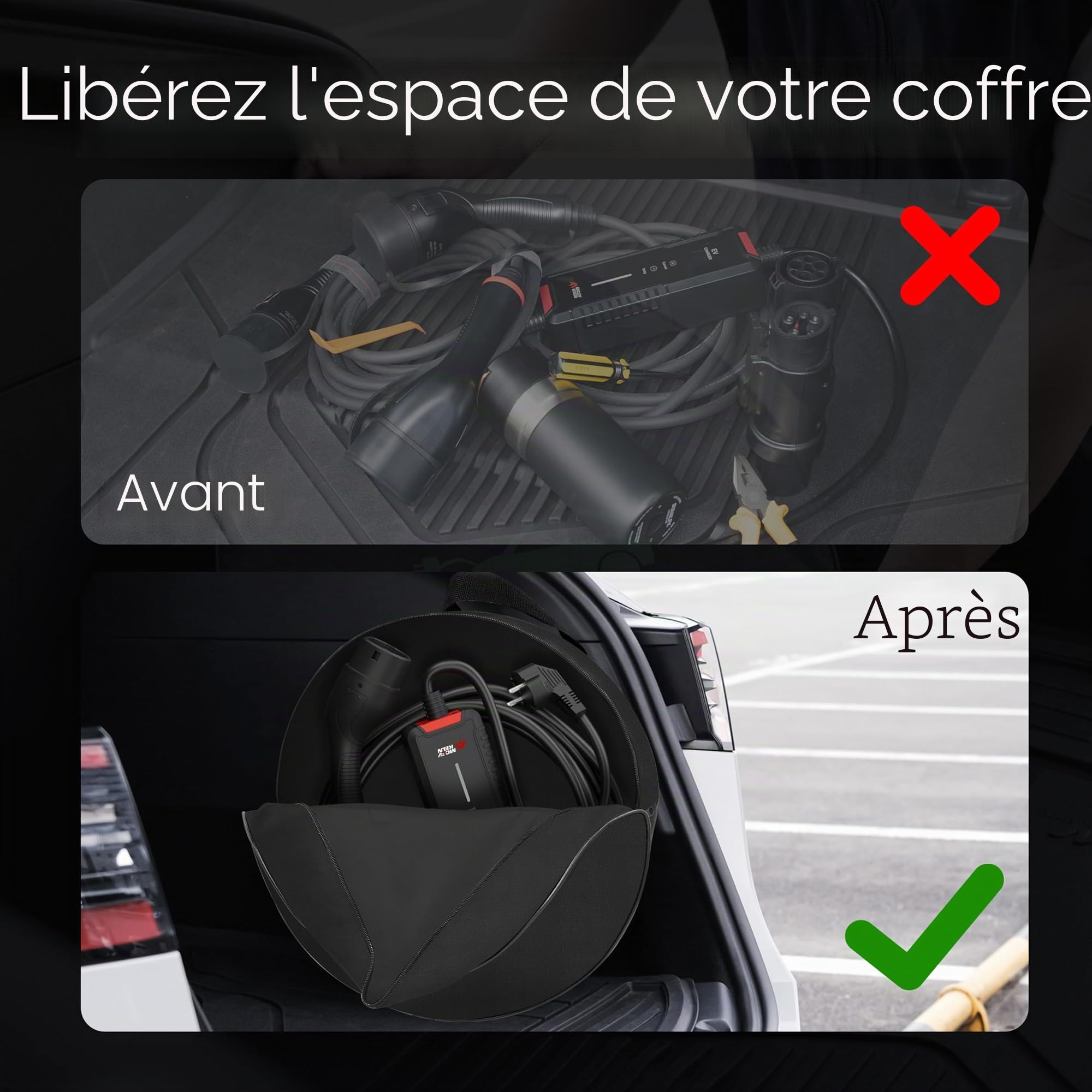 Sac de Transport Câble de Charge Voiture Électrique Type 2 Type 1 Organisateur Polyester 1680D