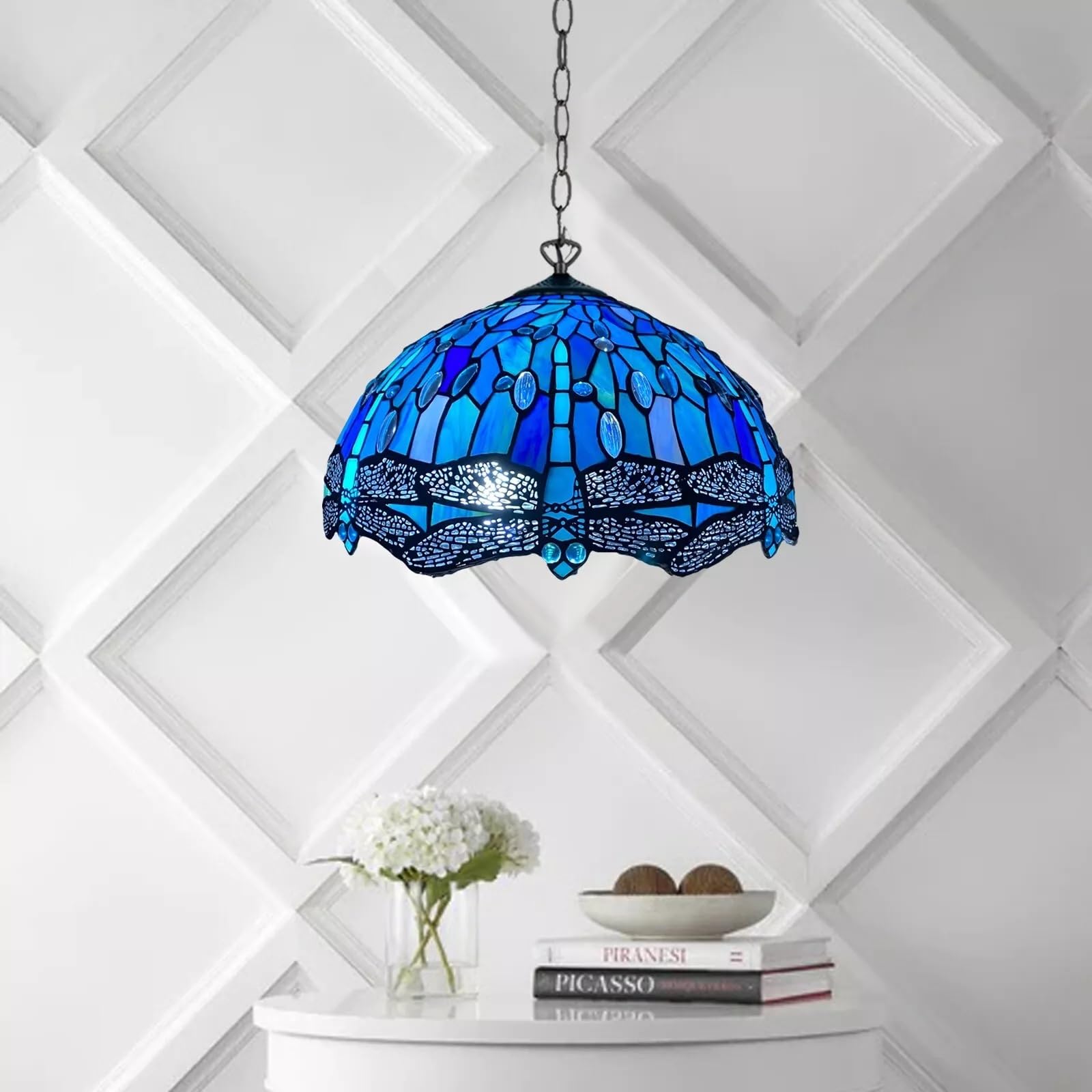 TIFFORA Tiffany Pendant Lamps - Handcrafted Stained Glass 16 inch Pendent Light - Antique Design Pendant Lamps for Living Room Bedroom Lounge (TF(P)-1607)