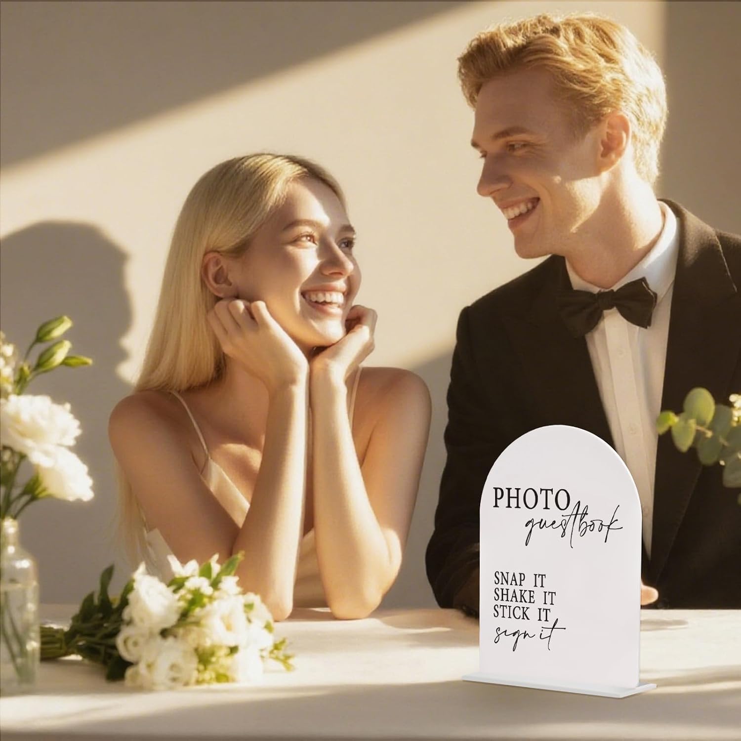 Photo Guest Book Arched Acrylic Wedding Table Sign Modern Calligraphy With Base | 1/8" Thick 6"x8" Table Decor for Wedding Reception Cards Gifts image 5