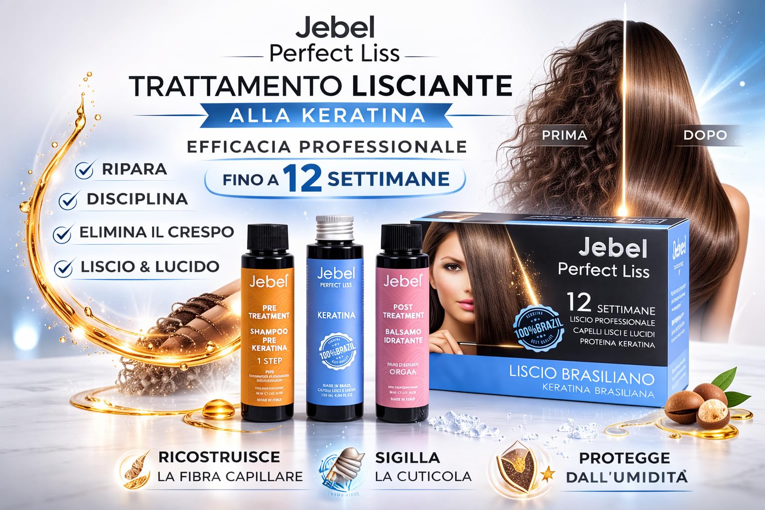 JEBEL Perfect Liss - Kit Stiratura Brasiliana - 12 settimane liscio professionale - Kit Mantenimento Stiratura - Trattamento Intensivo e Protettivo e Riparatore con Cheratina - Senza Formaldeide