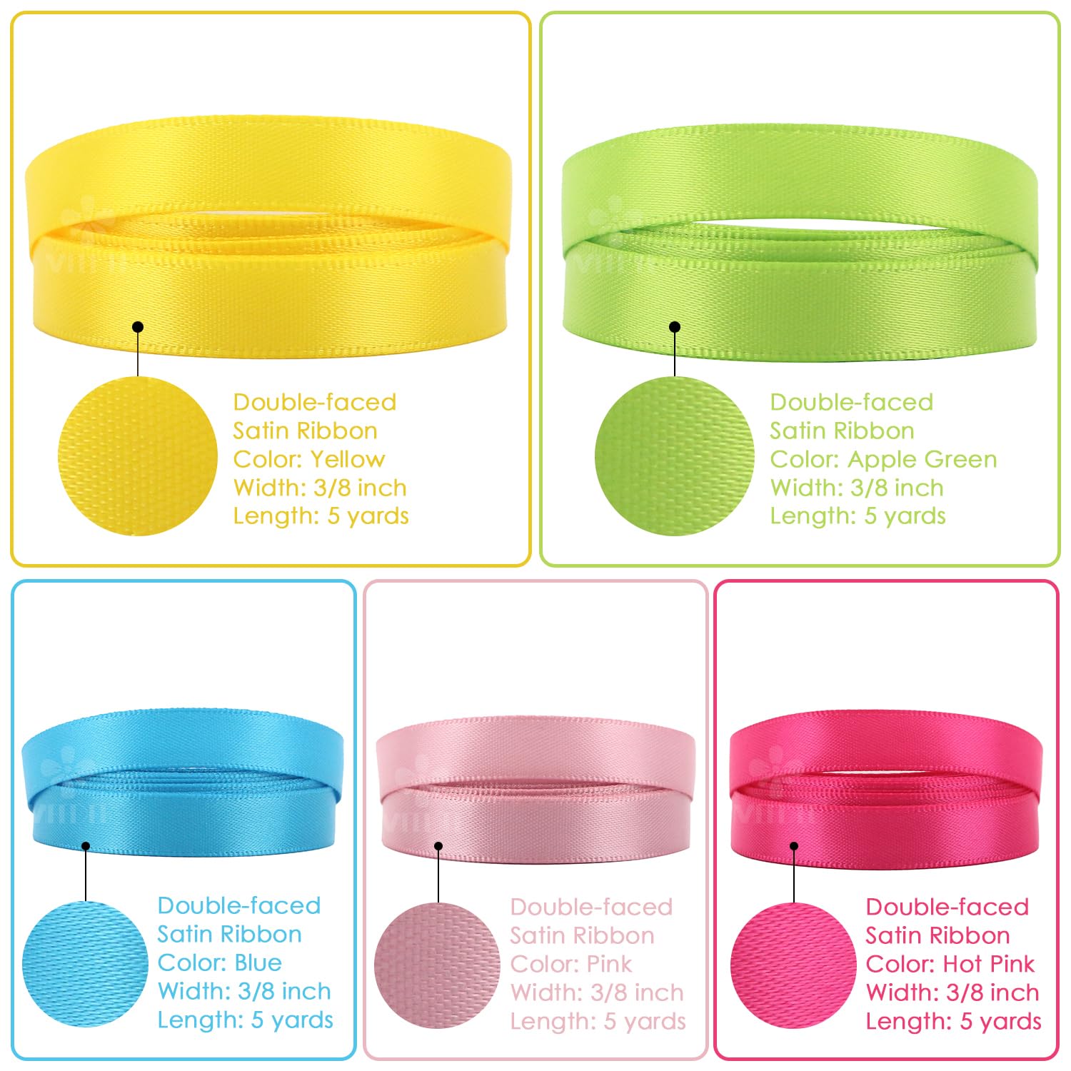 MEEDEE - Nastro di raso Asst. 10 colori 3/8 "x 5 yard ogni totale 50 yds per confezione, arcobaleno