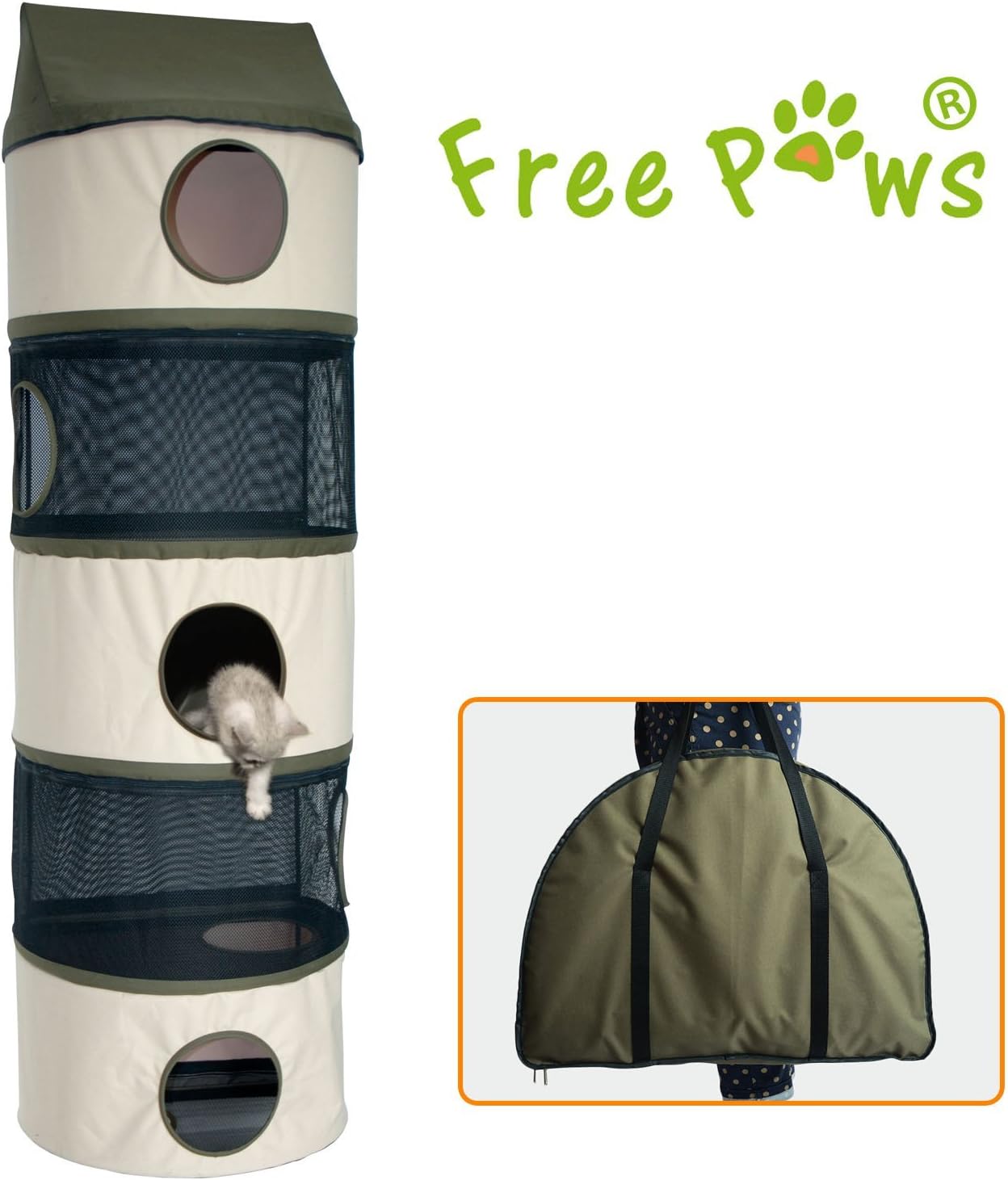 Free Paws 70LBS Weight Capacity Hangin Hunter Oxford Cat Condo, Large 5-Storey with Breathable Net & Cosy Fleece & Carrying Bag (76" CC001)