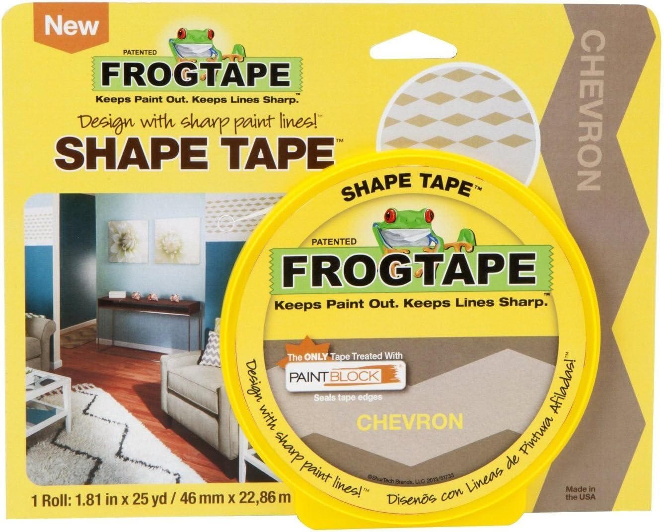 FROGTAPE 282549 Shape Tape Painting Tape, Yellow, Chevron Design, 1.81-Inch x 25-Yard Roll