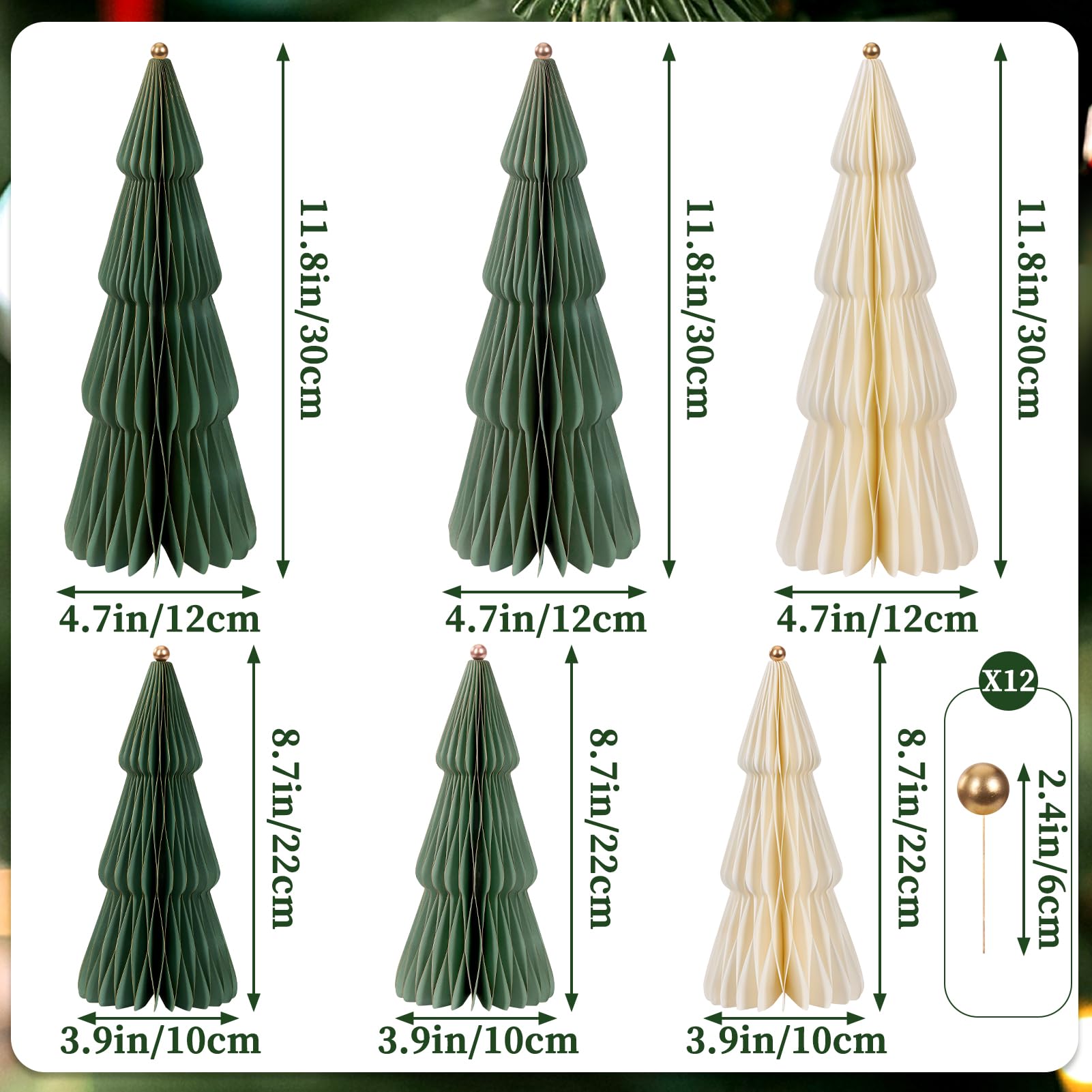 SUNBEAUTY 6 Stück weihnachtsdekoration Tischdeko matt Grün 3D Papier Weihnachtsbaum Waben Papiertannenbäume mit Metallkugel Christmas Baumschmuck Deko für Esstisch Schrank Fensterbank Kaminsims