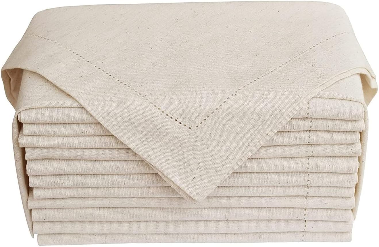 Pack of 12, Flax (20% Linen & 80% Cotton) Dinner Napkins 50 CM X 50 CM (20 INCH x 20 INCH), Hemstitched, Natural Color Premium Quality, Elegant Table Linens Dining, Reusable Durable by Gfi Linen Clubs