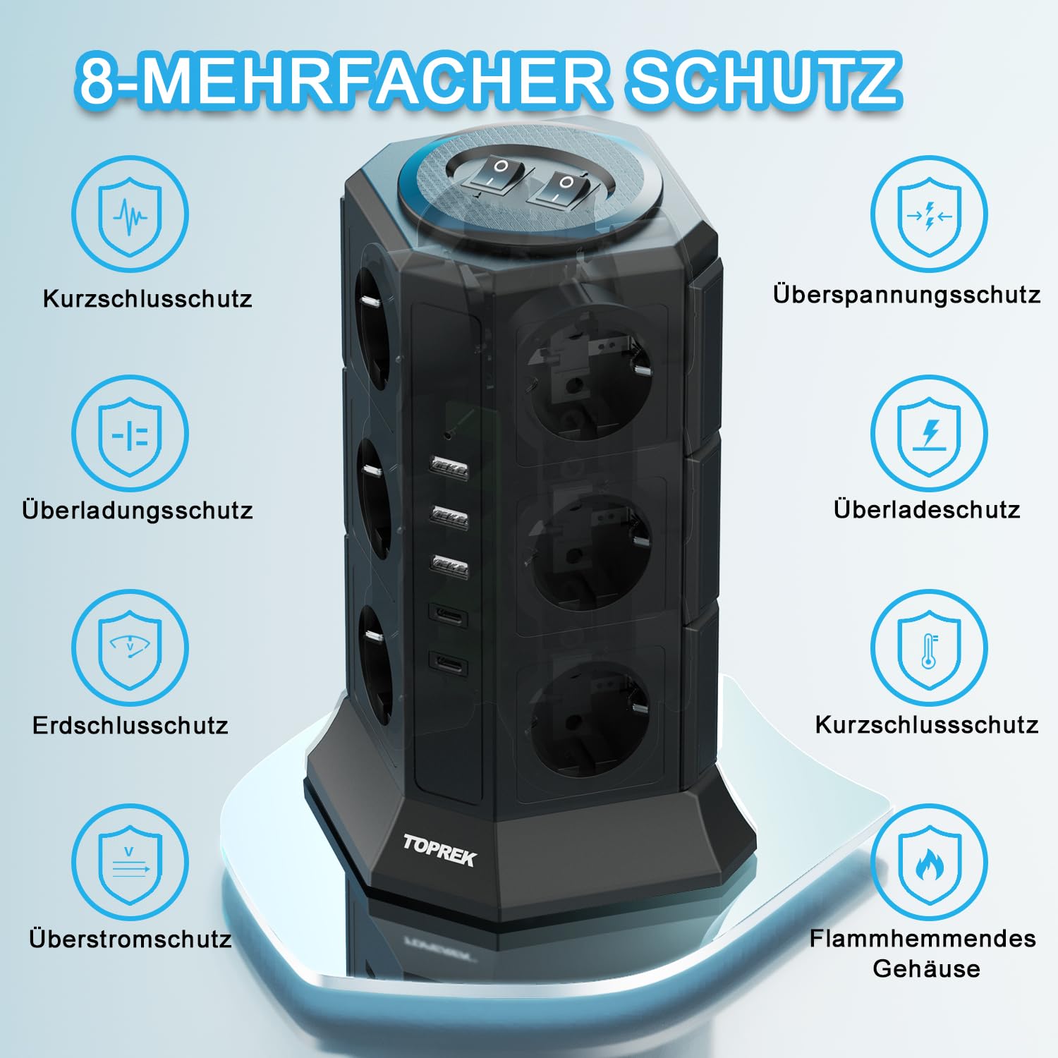 TOPREK Mehrfachsteckdose 12 Fach, mit Überspannungsschutz USB C Schalter