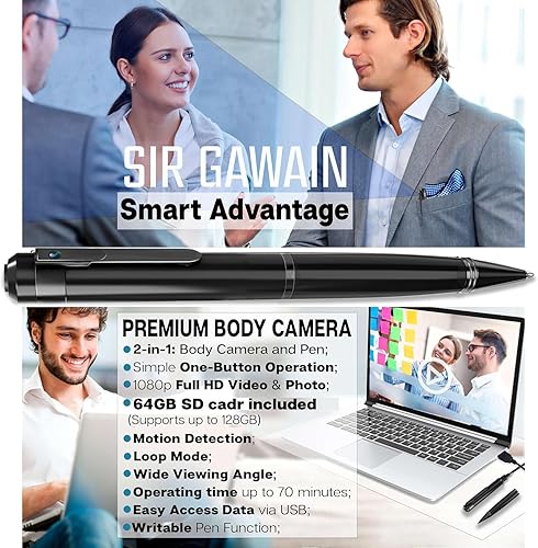 Miniatura 2 de SIRGAWAIN Bolígrafo de cámara corporal de alta calidad: video y fotos Full HD 1080p, batería de 70 minutos, detección de movimiento, control de un