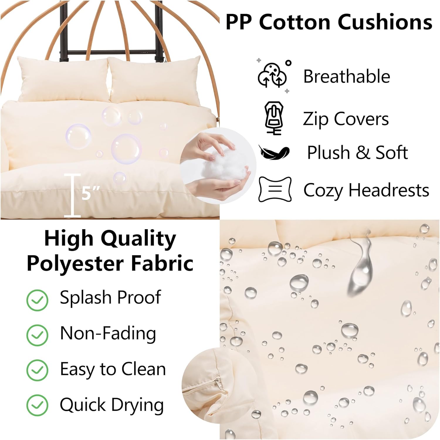Hanging Chairs with Stand, All Weather Double Egg Chair Outdoor, Metal Hanging Egg Chairs Outdoor, 2 Person Oversized Swing Egg Chair, Modern Balcony Basket Loveseat for Indoor/Deck, Beige