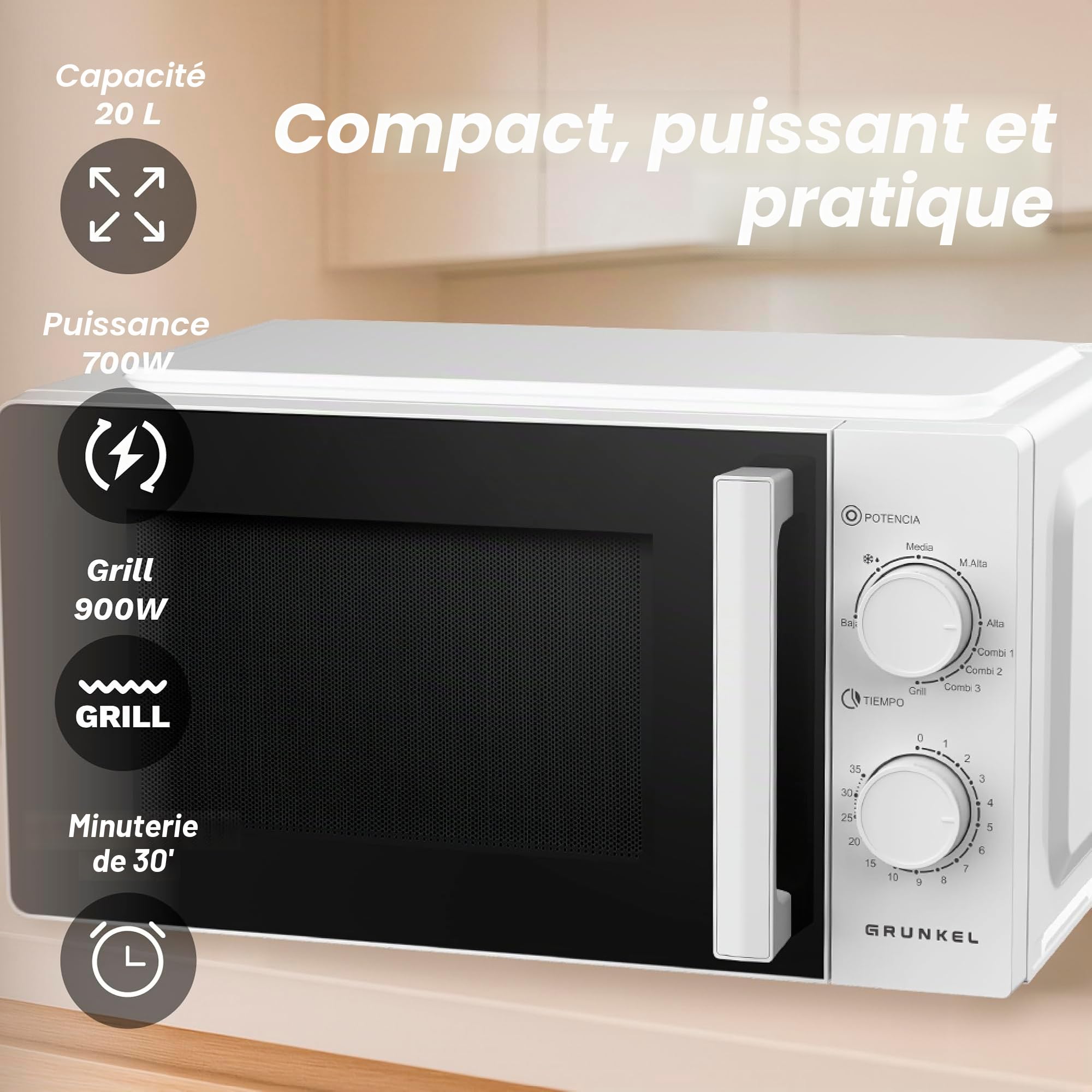Four à micro-ondes avec gril, 20-25 litres, 700 W + 900 W ou 850 W + 1000 W gril, 5 niveaux de puissance, 3 modes de combinaison, minuterie 30 minutes (700-900 W, 20 litres)