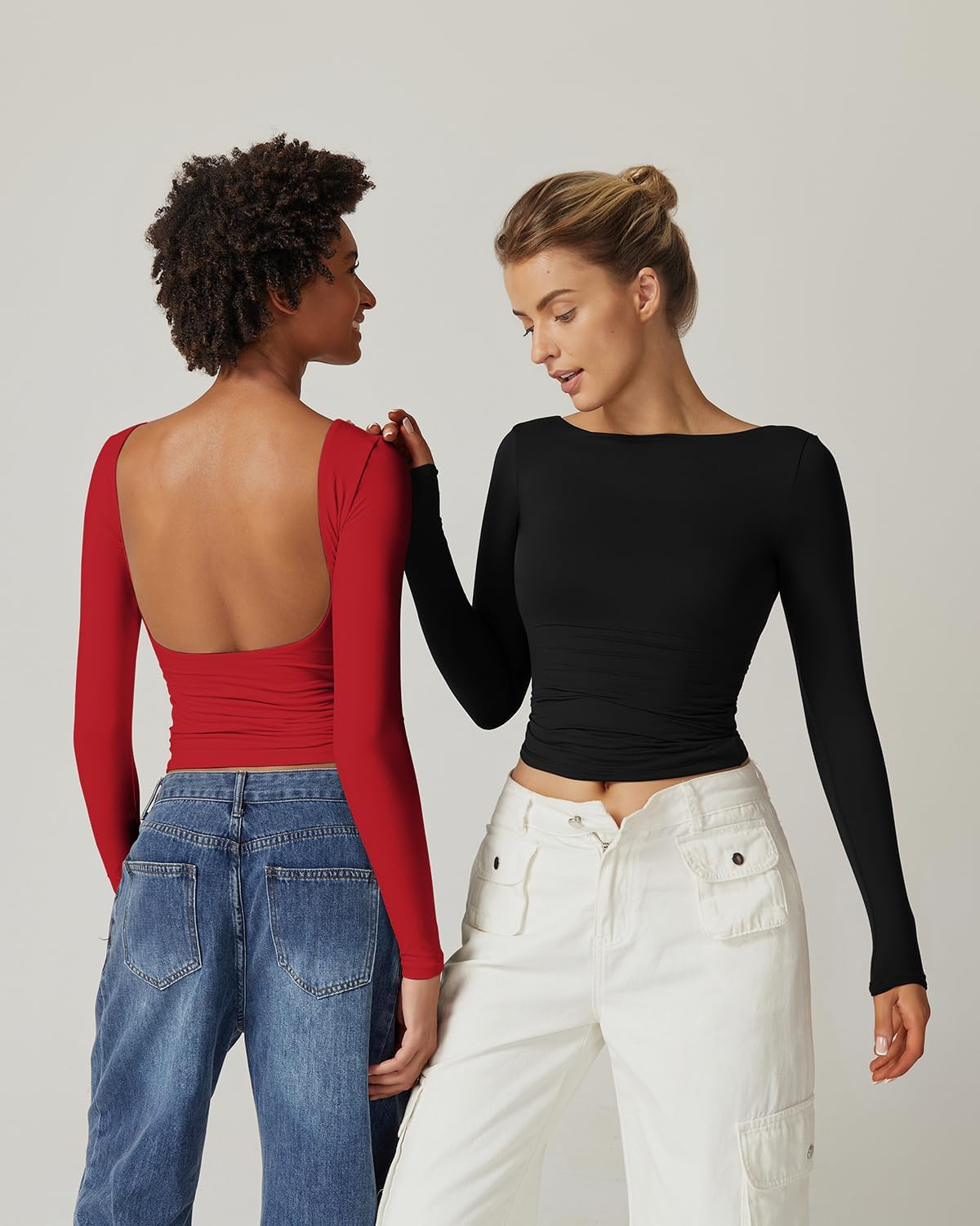 QINSEN Women's Sexy Open Back Long Sleeve Shirts High Neck Double Lined Tees Fitted Going Out Tops - Image 3