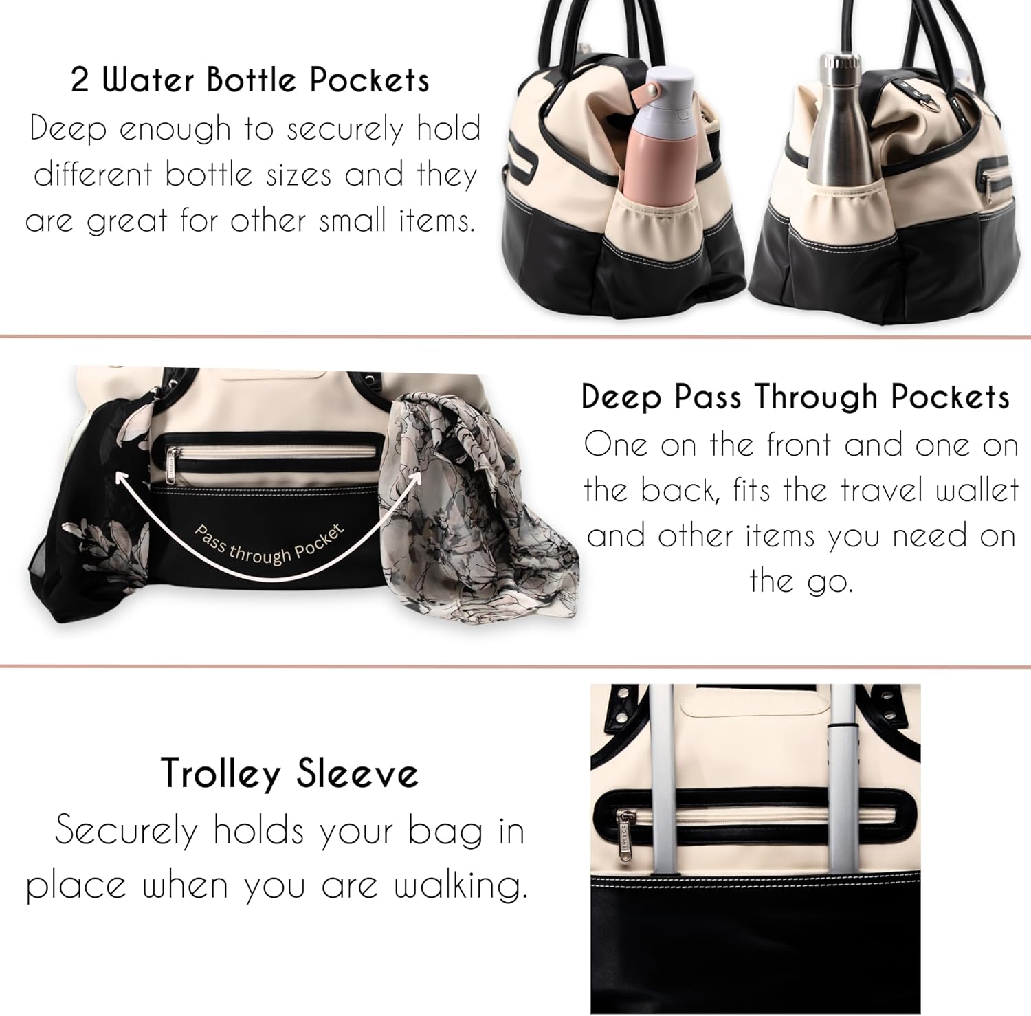 Borsali Weekender Bag for Women - Travel Carry On Duffel -Vegan Leather with Travel Wallet, Packing Cubes, Shoe Covers & Glasses Case (Cream/Black)