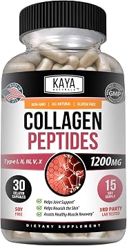 Kaya Naturals Multi Collagen Peptides Complex Powder for Women and Man، Vital for Hair، Skin، Nails، and Anti-Aging، Types I، II، III، V & مزيج بروتين الكولاجين X | كبسولات - 30 مكمل العد
