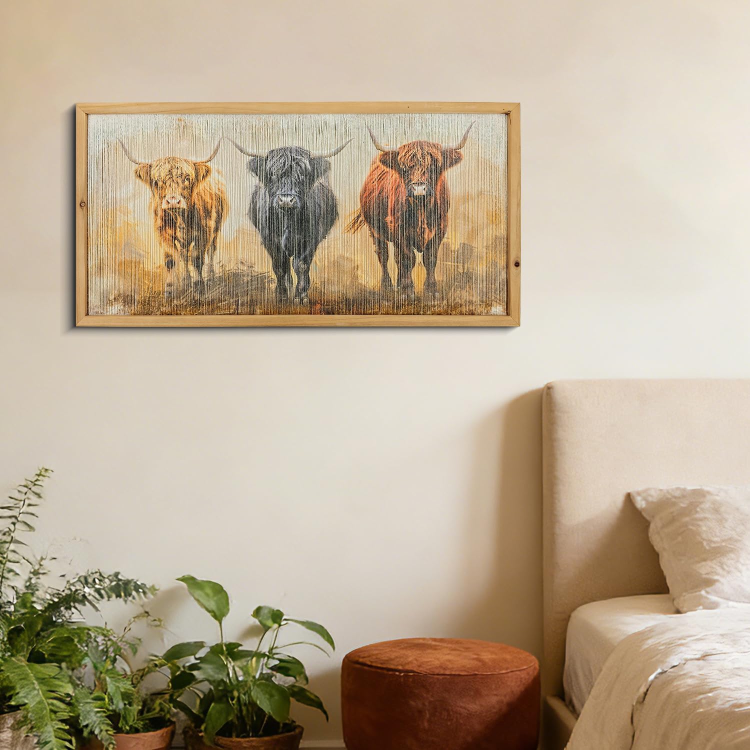 Rustic Farmhouse Macrame Wall Art with Solid Wood Frame, String Tassel Macrame Crafts, Farmhouse Style, 23.6 x 11.8 In for Living Room Bedroom (Cow A)