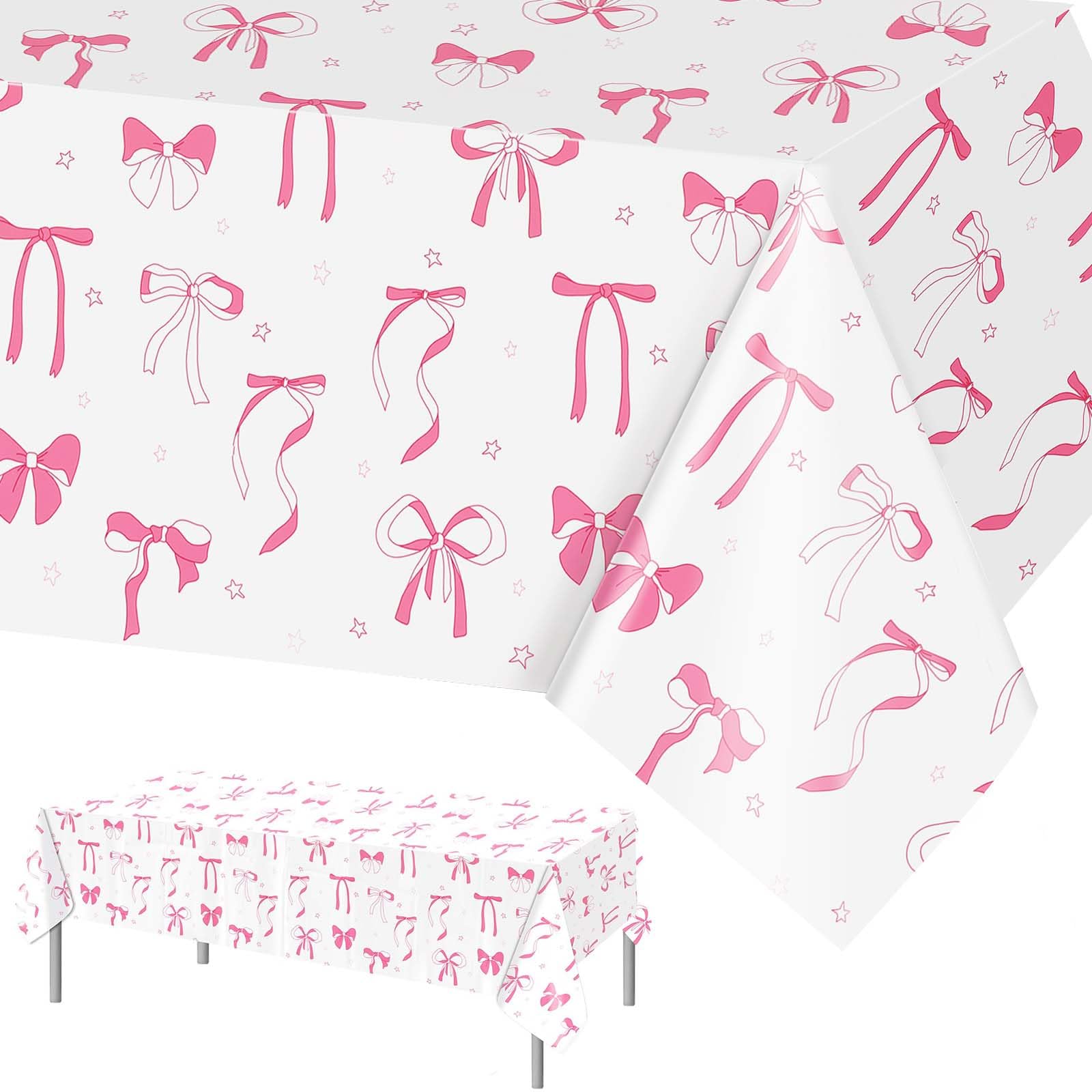 PHOGARY Birthday Decorations Table Cloth 1 Pack, Rectangular Plastic Bow Table Cover for Girls Bow Themed Birthday Party Baby Shower, 137cmx274cm