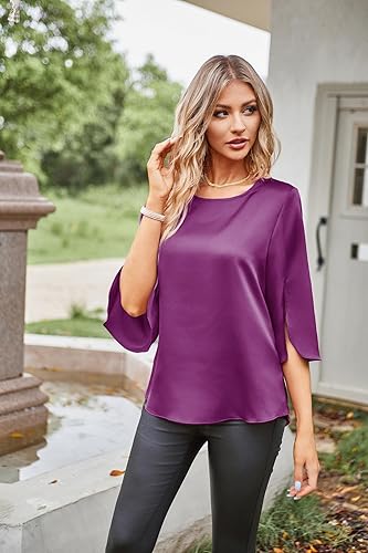 Miniatura 2 de Women Casual Scoop Neck Loose Top 34 Sleeve Satin Chiffon Blouse Tops