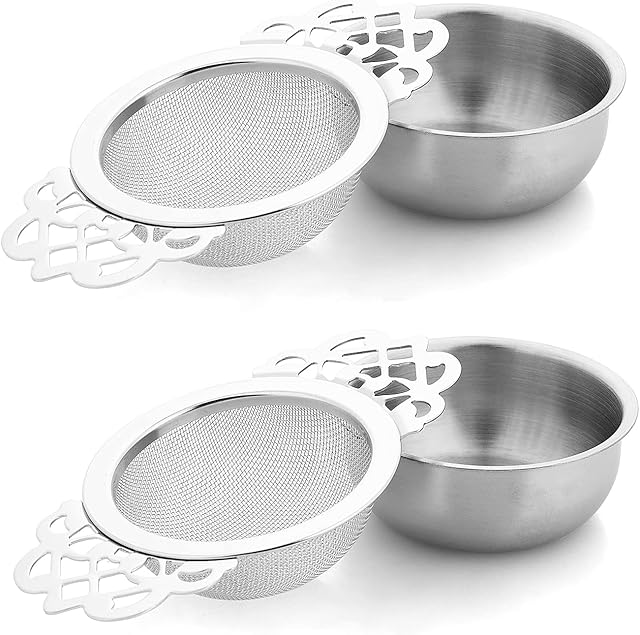2 Pack Small Fine Mesh Tea Strainers, Stainless Steel Mini Fine Mesh Sieve Loose Tea Infusers with Bowl 7 cm Diameter Tea Filter with Double Wing Extender Ideal for Loose Tea Juice Coffee Filter